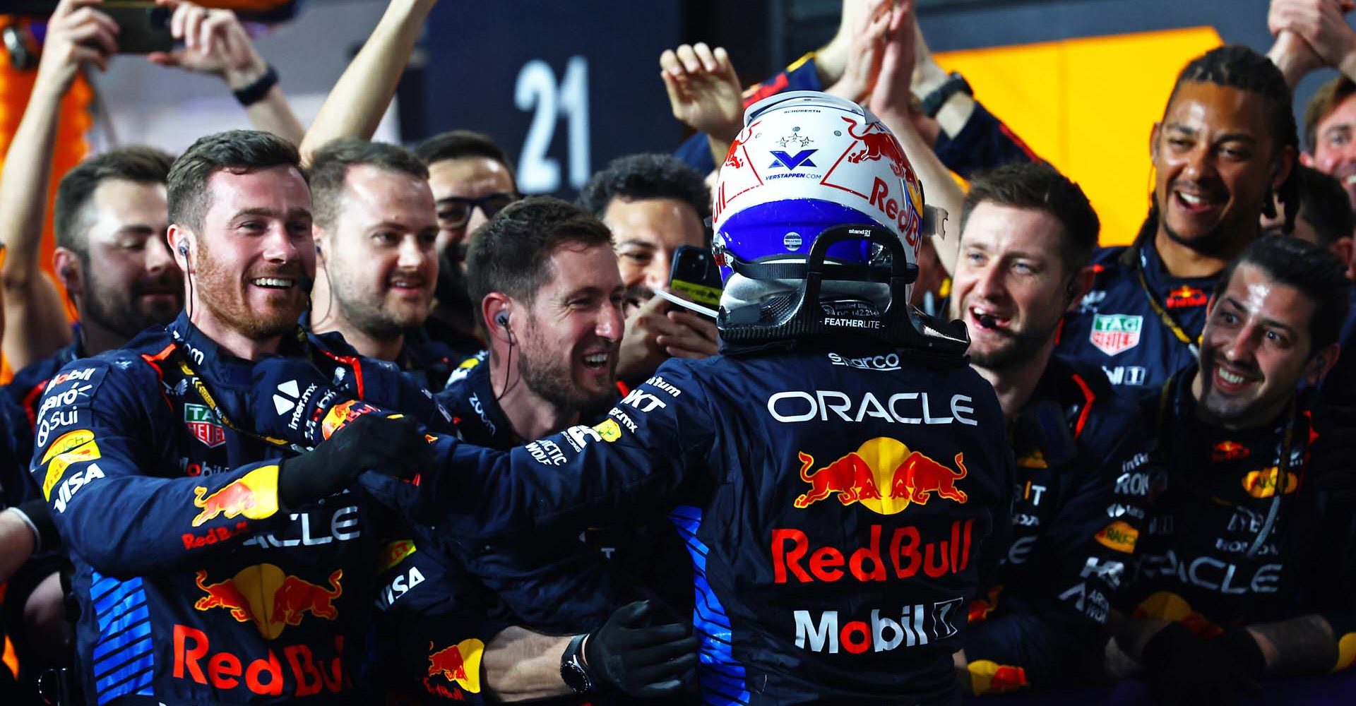 JEDDAH, SAUDI ARABIA - MARCH 09: Race winner Max Verstappen of the Netherlands and Oracle Red Bull Racing celebrates in parc ferme during the F1 Grand Prix of Saudi Arabia at Jeddah Corniche Circuit on March 09, 2024 in Jeddah, Saudi Arabia. (Photo by Mark Thompson/Getty Images) // Getty Images / Red Bull Content Pool // SI202403090376 // Usage for editorial use only //