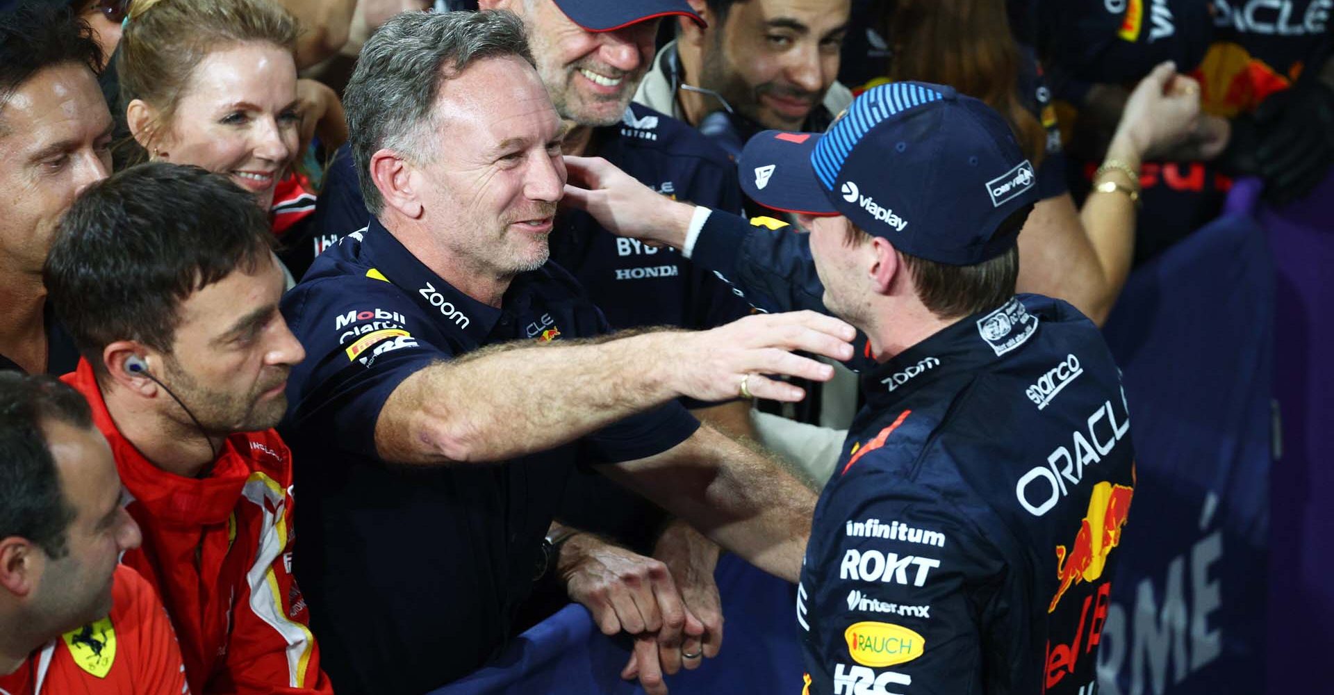 JEDDAH, SAUDI ARABIA - MARCH 09: Race winner Max Verstappen of the Netherlands and Oracle Red Bull Racing celebrates with Oracle Red Bull Racing Team Principal Christian Horner in parc ferme during the F1 Grand Prix of Saudi Arabia at Jeddah Corniche Circuit on March 09, 2024 in Jeddah, Saudi Arabia. (Photo by Clive Rose/Getty Images) // Getty Images / Red Bull Content Pool // SI202403090522 // Usage for editorial use only //