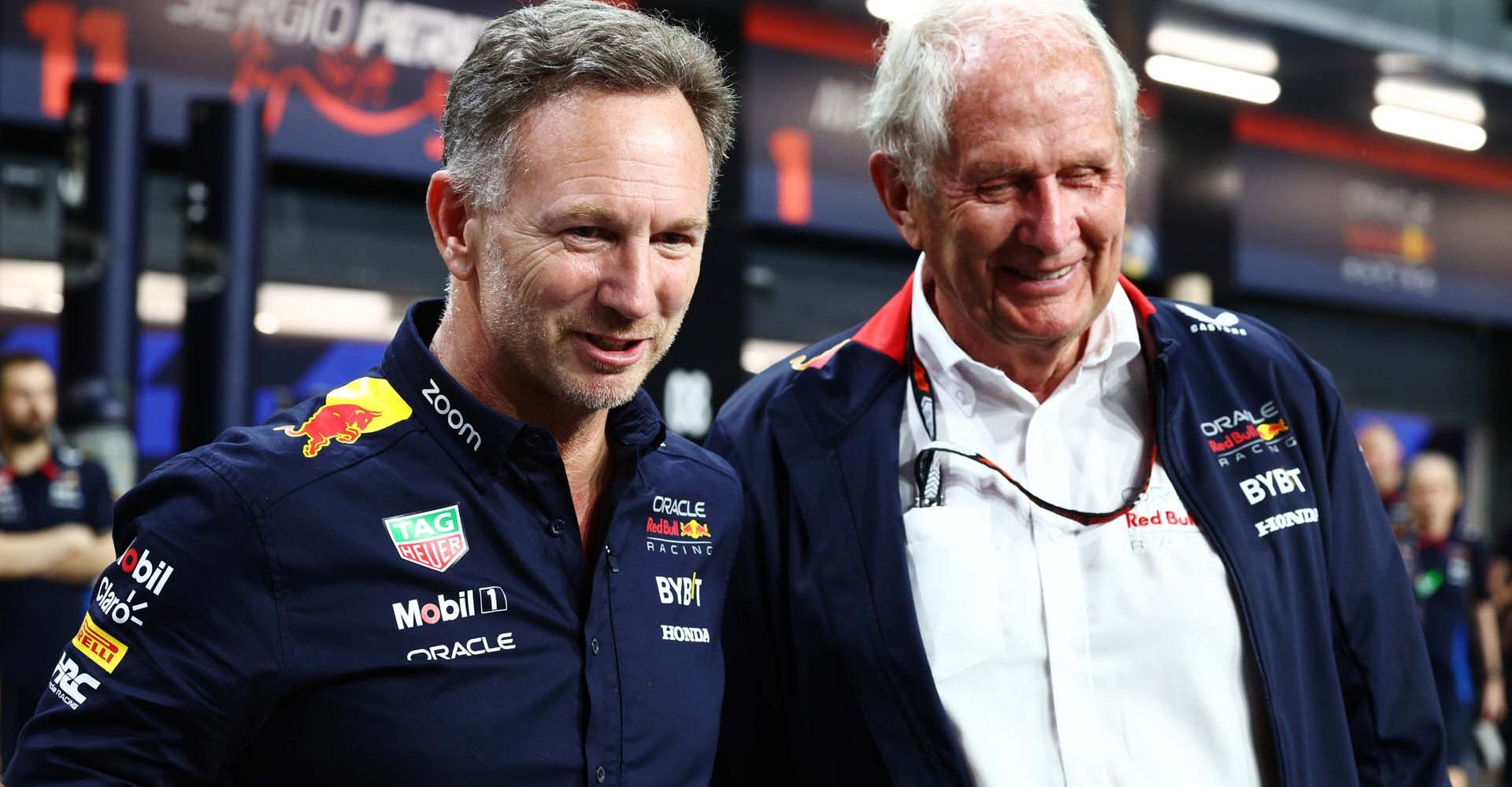 JEDDAH, SAUDI ARABIA - MARCH 09: Oracle Red Bull Racing Team Principal Christian Horner and Oracle Red Bull Racing Team Consultant Dr Helmut Marko look on in parc ferme during the F1 Grand Prix of Saudi Arabia at Jeddah Corniche Circuit on March 09, 2024 in Jeddah, Saudi Arabia. (Photo by Clive Rose/Getty Images) // Getty Images / Red Bull Content Pool // SI202403090543 // Usage for editorial use only //