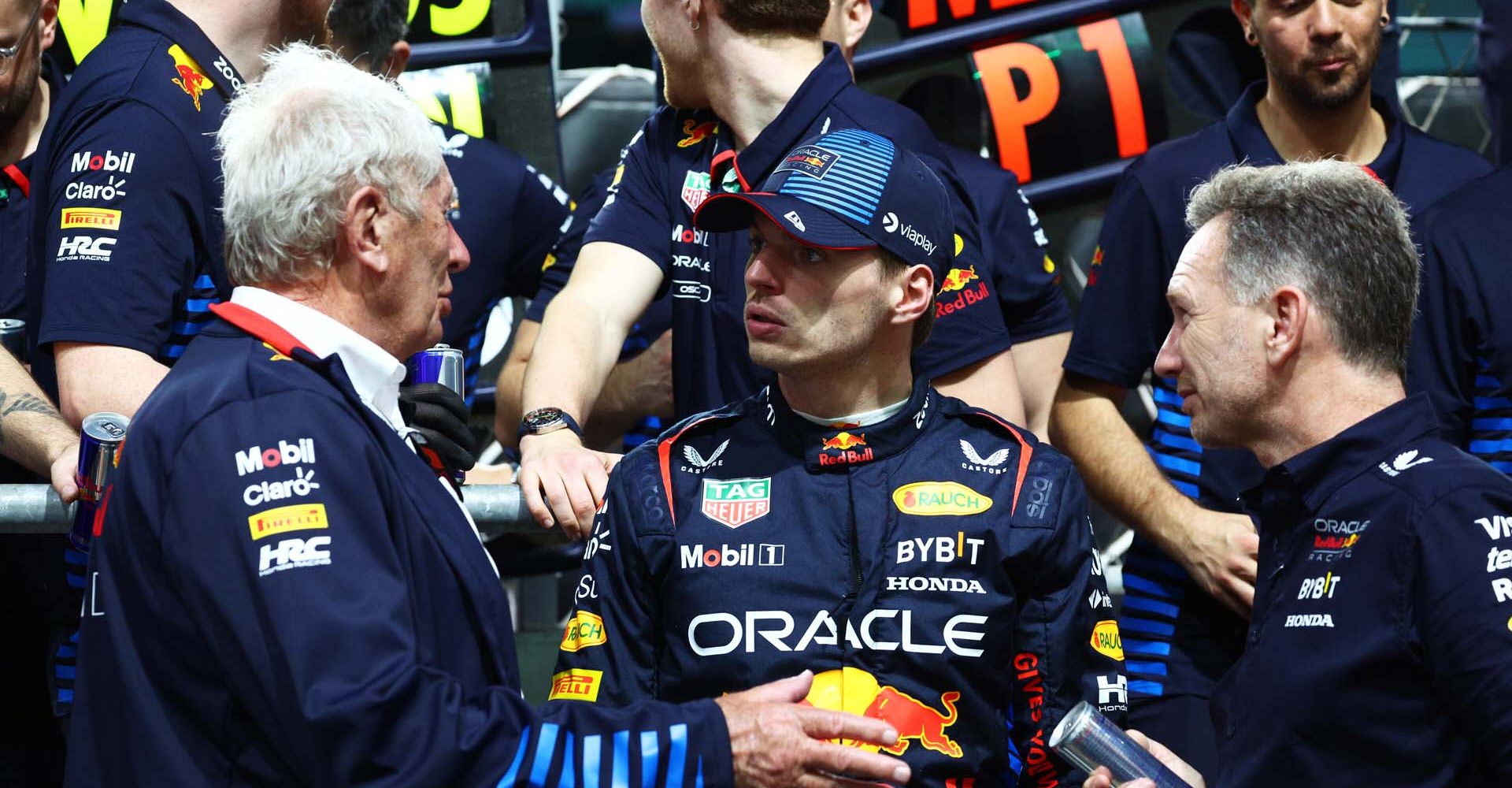 JEDDAH, SAUDI ARABIA - MARCH 09: Race winner Max Verstappen of the Netherlands and Oracle Red Bull Racing speaks with Oracle Red Bull Racing Team Principal Christian Horner and Oracle Red Bull Racing Team Consultant Dr Helmut Marko in parc ferme during the F1 Grand Prix of Saudi Arabia at Jeddah Corniche Circuit on March 09, 2024 in Jeddah, Saudi Arabia. (Photo by Clive Rose/Getty Images) // Getty Images / Red Bull Content Pool // SI202403090546 // Usage for editorial use only //