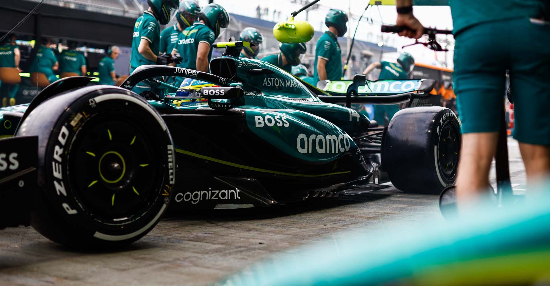 MARINA BAY STREET CIRCUIT, SINGAPORE - SEPTEMBER 21: Fernando Alonso, Aston Martin AMR24, in the pit lane during the Singapore GP at Marina Bay Street Circuit on Saturday September 21, 2024 in Singapore, Singapore. (Photo by Zak Mauger / LAT Images)