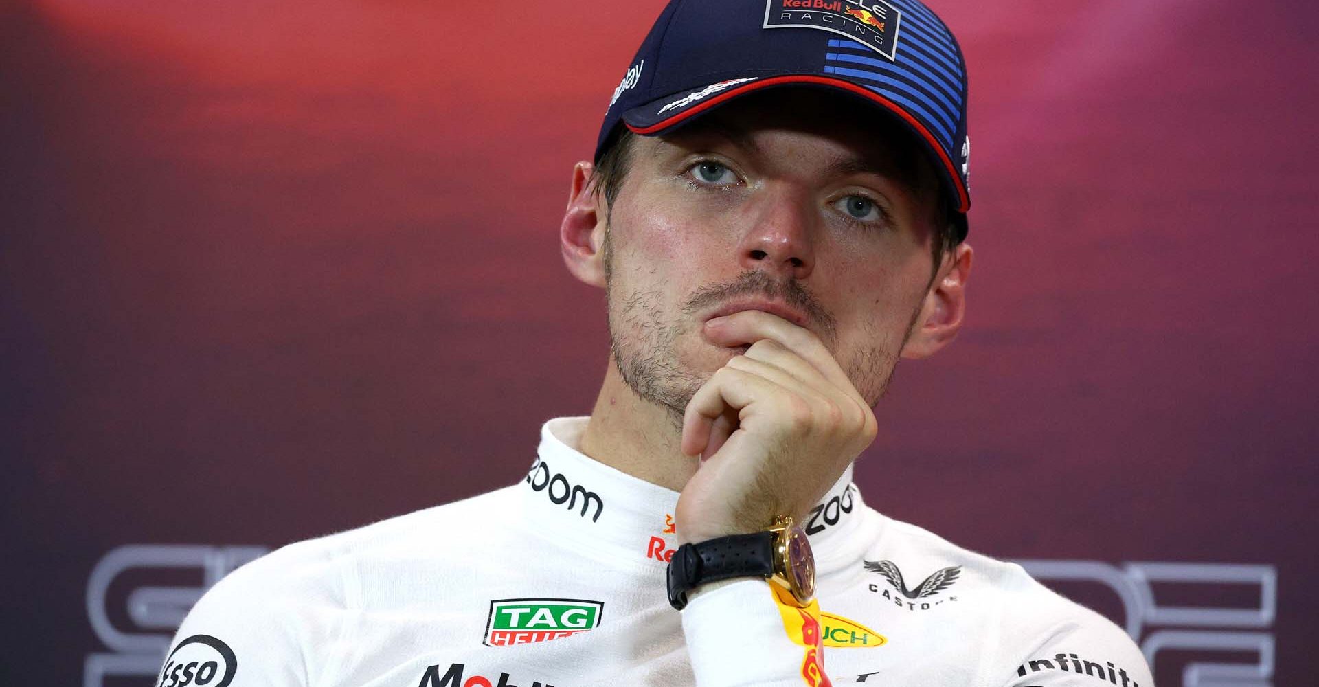 SINGAPORE, SINGAPORE - SEPTEMBER 21: Second placed qualifier Max Verstappen of the Netherlands and Oracle Red Bull Racing attends the press conference after qualifying ahead of the F1 Grand Prix of Singapore at Marina Bay Street Circuit on September 21, 2024 in Singapore, Singapore. (Photo by Clive Rose/Getty Images) // Getty Images / Red Bull Content Pool // SI202409210447 // Usage for editorial use only //