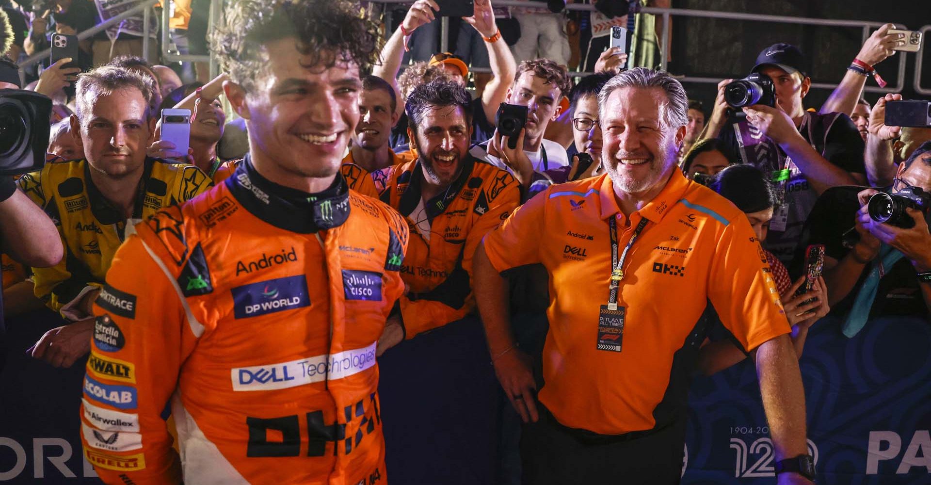 Lando Norris, McLaren F1 Team, 1st position, Zak Brown, CEO, McLaren Racing, and the McLaren team celebrate in Parc Ferme