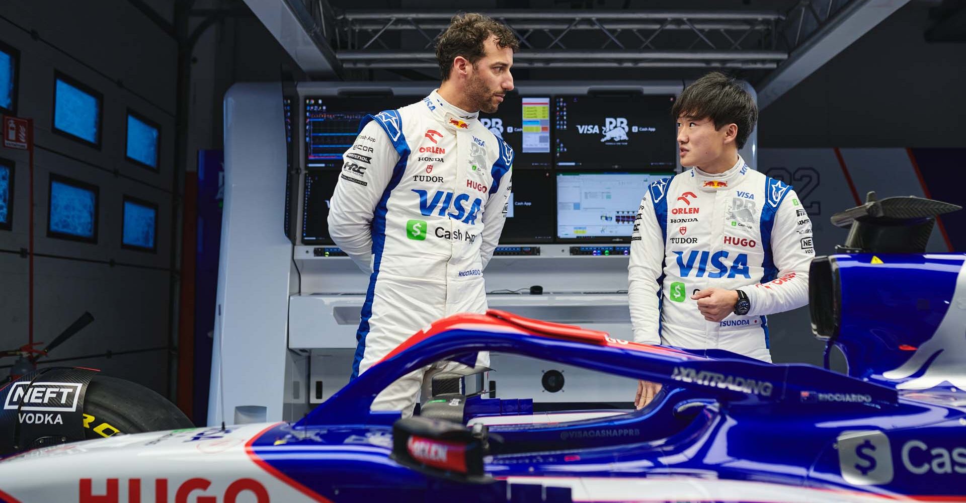 MISANO ADRIATICO, ITALY - FEBRUARY 12: Daniel Ricciardo of Australia and Visa Cash App RB and Yuki Tsunoda of Japan and Visa Cash App RB during the Visa Cash App RB Filming Day at Misano World Circuit Marco Simoncelli on February 12, 2024 in Misano Adriatico, Italy. (Photo by Guido De Bortoli/Getty Images for Visa Cash App RB ) // Getty Images / Red Bull Content Pool // SI202402200548 // Usage for editorial use only //