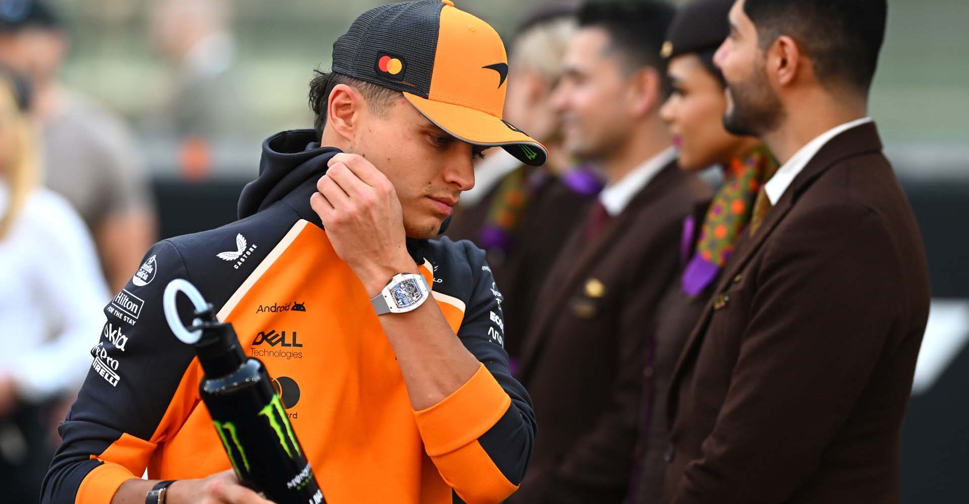 ABU DHABI, UNITED ARAB EMIRATES - DECEMBER 07: Lando Norris of Great Britain and McLaren on the drivers parade prior to the F1 Grand Prix of Abu Dhabi at Yas Marina Circuit on December 07, 2025 in Abu Dhabi, United Arab Emirates. (Photo by Clive Mason/Getty Images)