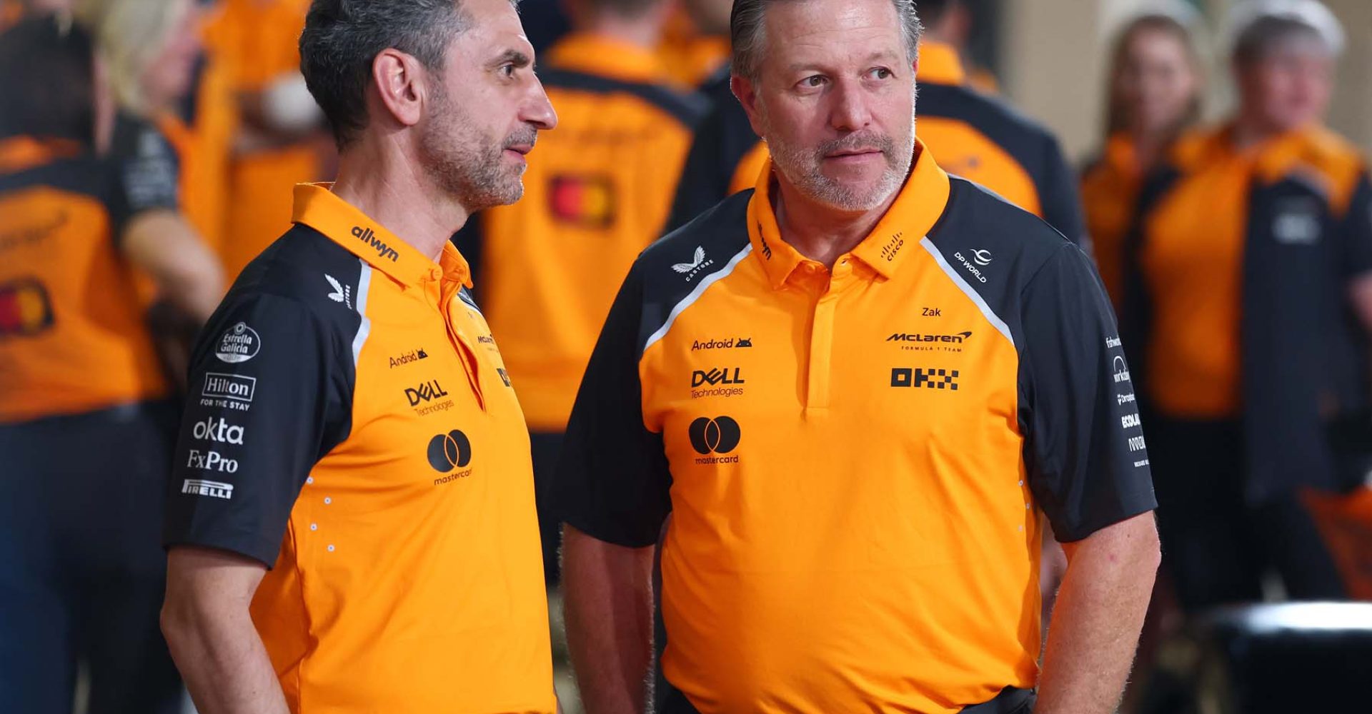 ABU DHABI, UNITED ARAB EMIRATES - DECEMBER 04: Andrea Stella, Team Principal of McLaren and Zak Brown, Chief Executive Officer of McLaren look on in the Pitlane during previews ahead of the F1 Grand Prix of Abu Dhabi at Yas Marina Circuit on December 04, 2025 in Abu Dhabi, United Arab Emirates. (Photo by Clive Rose/Getty Images)