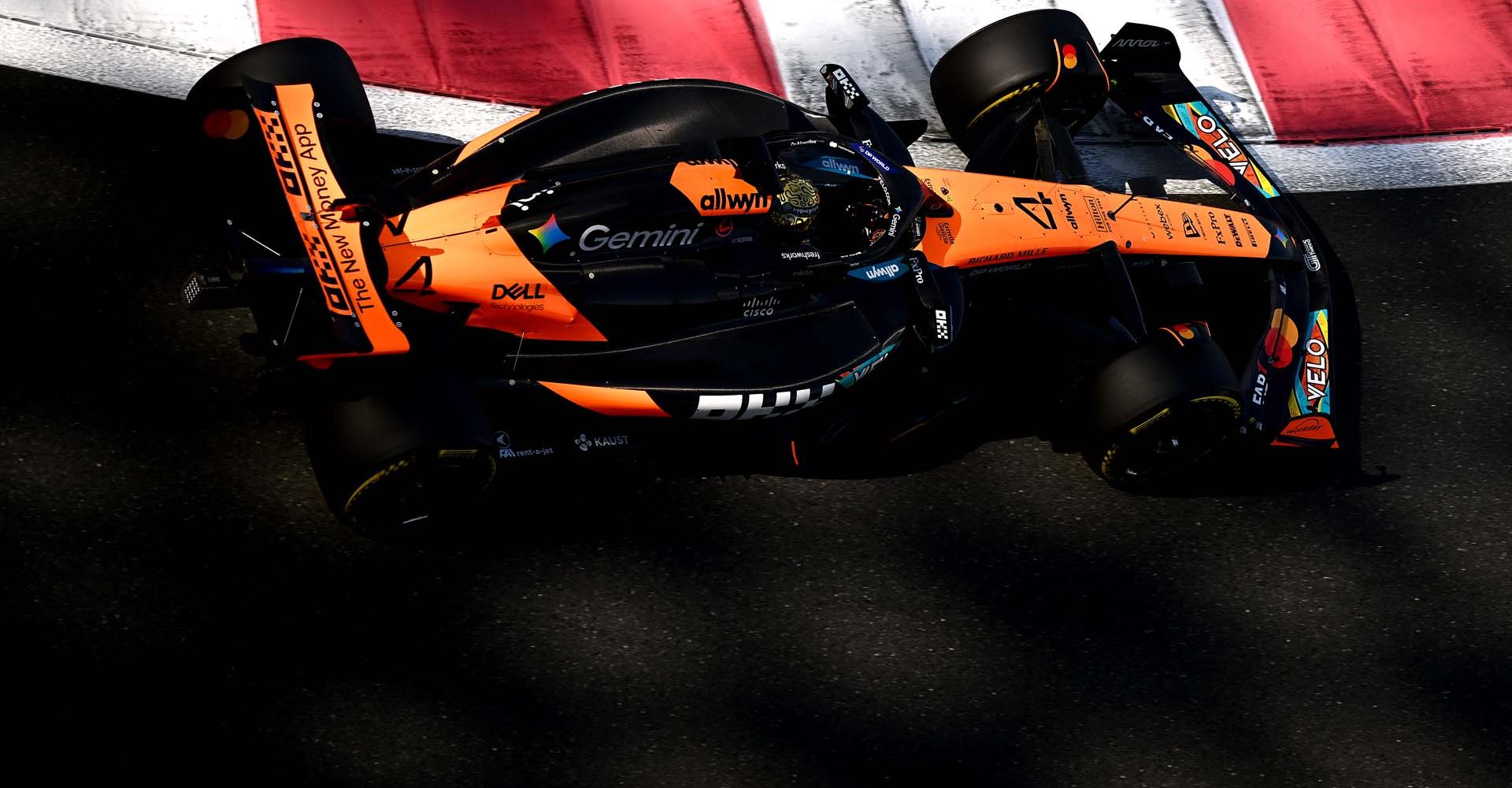 ABU DHABI, UNITED ARAB EMIRATES - DECEMBER 09: Lando Norris of Great Britain driving the (4) McLaren MCL39 Mercedes on track during F1 Testing at Yas Marina Circuit on December 09, 2025 in Abu Dhabi, United Arab Emirates. (Photo by Clive Mason/Getty Images)