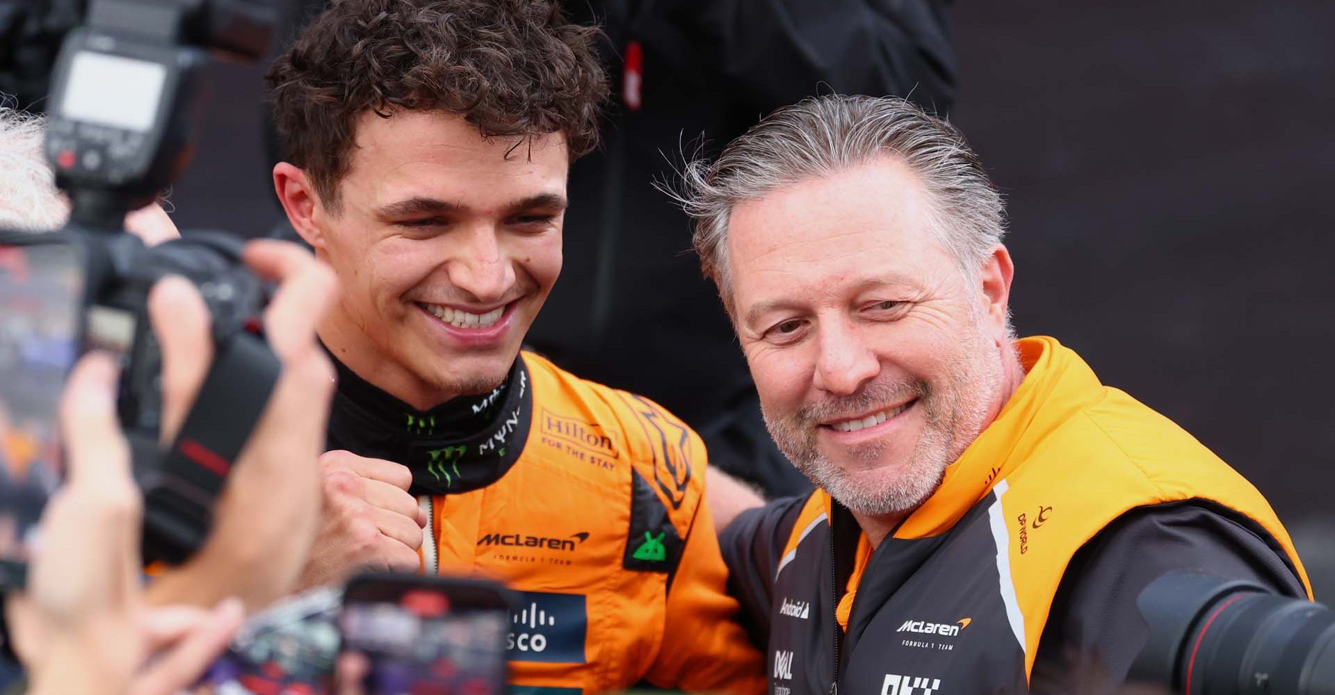 MELBOURNE, AUSTRALIA - MARCH 16: Race winner Lando Norris of Great Britain and McLaren and Zak Brown, Chief Executive Officer of McLaren celebrate in parc ferme during the F1 Grand Prix of Australia at Albert Park Grand Prix Circuit on March 16, 2025 in Melbourne, Australia. (Photo by Clive Rose/Getty Images)