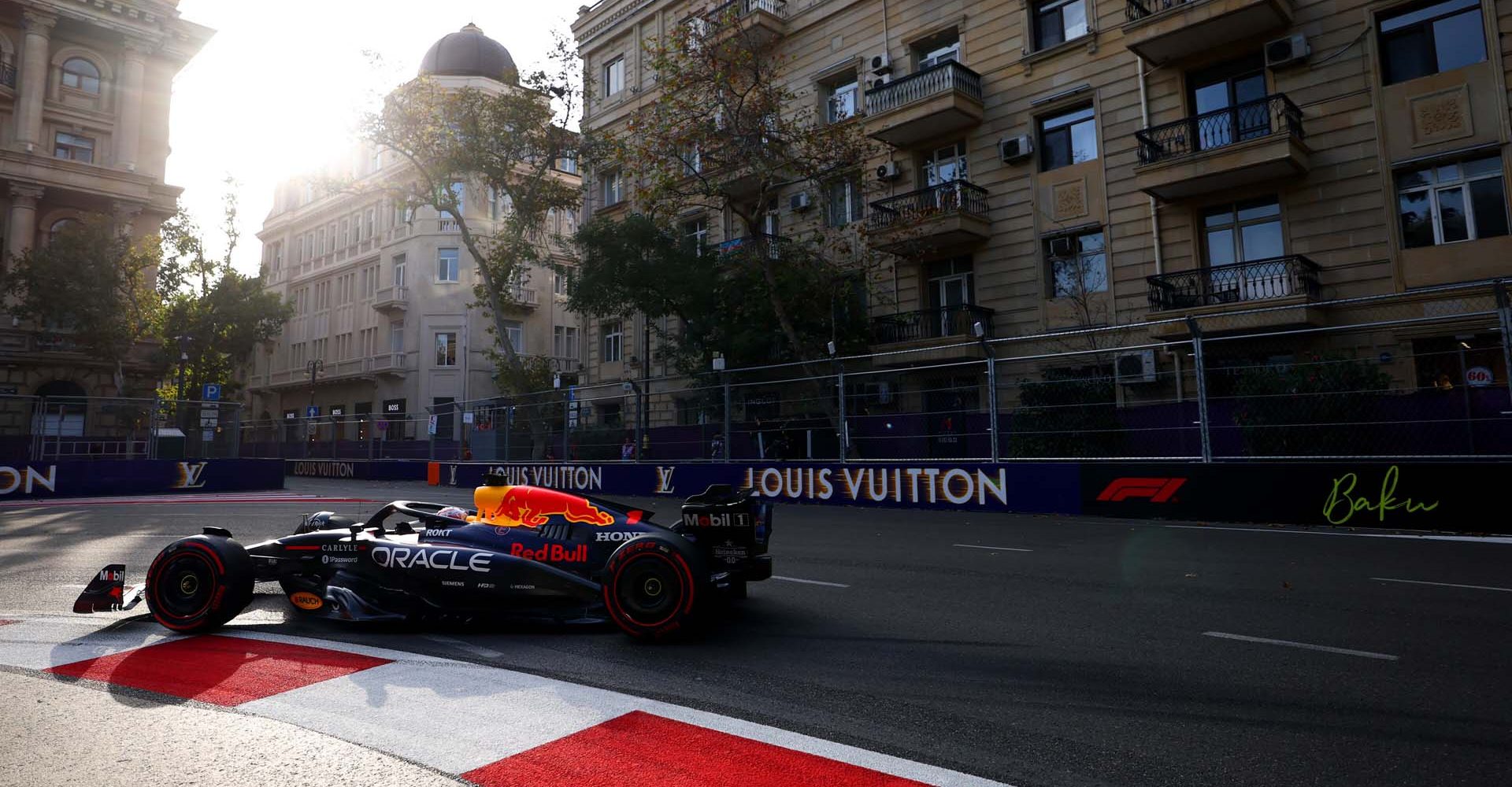 BAKU, AZERBAIJAN - SEPTEMBER 19: Max Verstappen of the Netherlands driving the (1) Oracle Red Bull Racing RB21 on track during practice ahead of the F1 Grand Prix of Azerbaijan at Baku City Circuit on September 19, 2025 in Baku, Azerbaijan. (Photo by Mark Thompson/Getty Images) // Getty Images / Red Bull Content Pool // SI202509190532 // Usage for editorial use only //