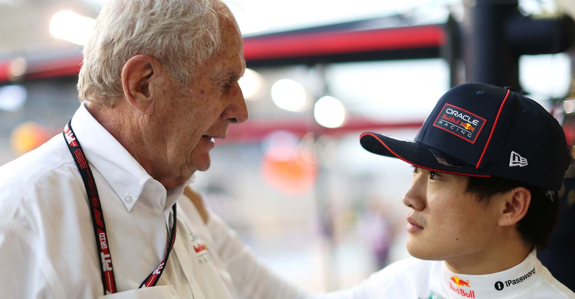 BAHRAIN, BAHRAIN - APRIL 11: Dr Helmut Marko, Team Consultant of Oracle Red Bull Racing  talks with Yuki Tsunoda of Japan and Oracle Red Bull Racing in the Pitlane during practice ahead of the F1 Grand Prix of Bahrain at Bahrain International Circuit on April 11, 2025 in Bahrain, Bahrain. (Photo by Mark Thompson/Getty Images) // Getty Images / Red Bull Content Pool // SI202504110697 // Usage for editorial use only //