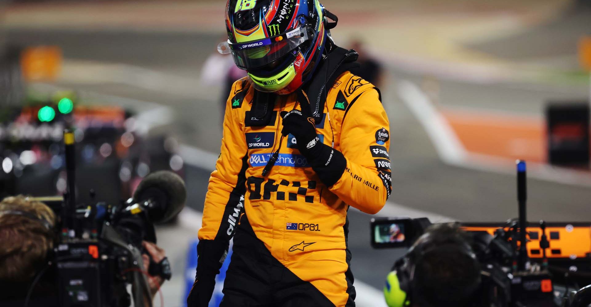 BAHRAIN, BAHRAIN - APRIL 12: Pole position qualifier Oscar Piastri of Australia and McLaren celebrates on arrival in parc ferme during qualifying ahead of the F1 Grand Prix of Bahrain at Bahrain International Circuit on April 12, 2025 in Bahrain, Bahrain. (Photo by Mark Thompson/Getty Images)