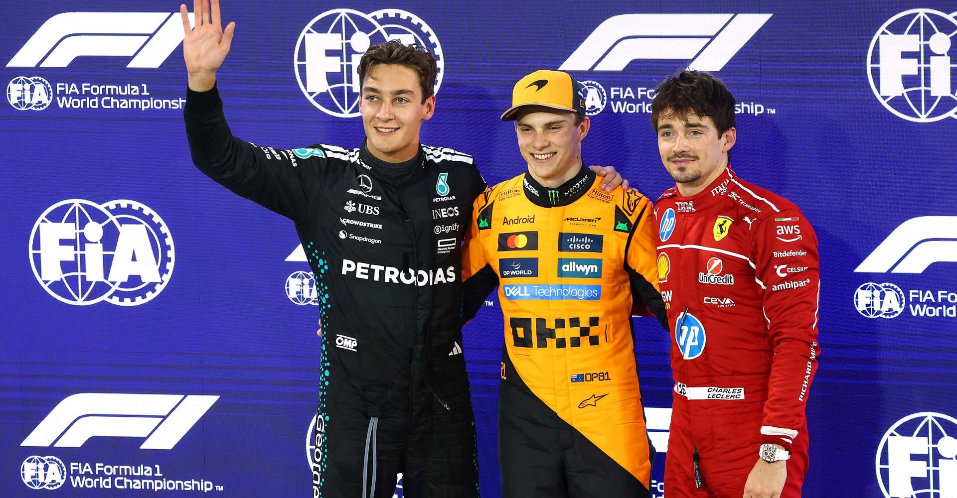 BAHRAIN, BAHRAIN - APRIL 12: Pole position qualifier Oscar Piastri of Australia and McLaren Second placed qualifier George Russell of Great Britain and Mercedes AMG Petronas F1 Team and Third placed qualifier Charles Leclerc of Monaco and Scuderia Ferrari during qualifying ahead of the F1 Grand Prix of Bahrain at Bahrain International Circuit on April 12, 2025 in Bahrain, Bahrain. (Photo by Sam Bloxham/LAT Images)