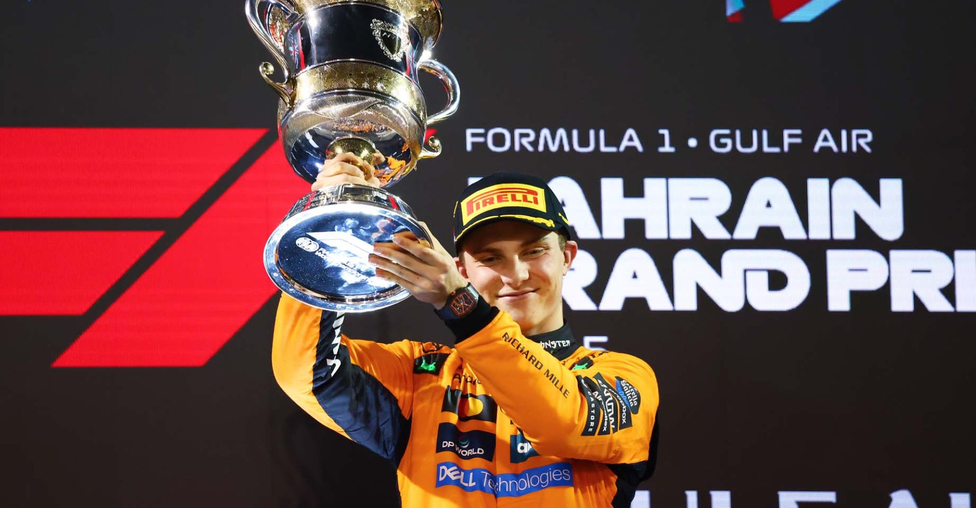 BAHRAIN, BAHRAIN - APRIL 13: Race winner Oscar Piastri of Australia and McLaren celebrates on the podium during the F1 Grand Prix of Bahrain at Bahrain International Circuit on April 13, 2025 in Bahrain, Bahrain. (Photo by Clive Rose/Getty Images)