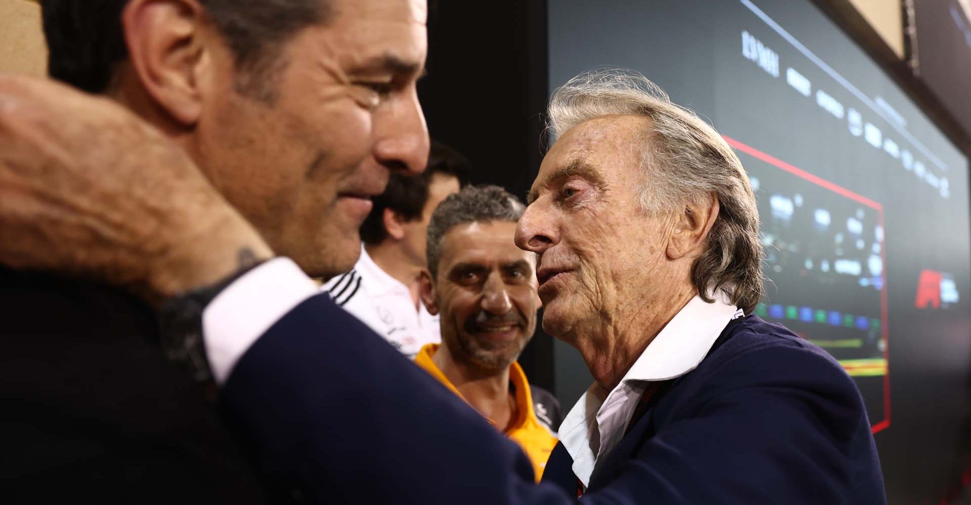 BAHRAIN, BAHRAIN - APRIL 13: Mark Webber Andrea Stella, Team Principal of McLaren and Luca di Montezemolo in parc ferme during the F1 Grand Prix of Bahrain at Bahrain International Circuit on April 13, 2025 in Bahrain, Bahrain. (Photo by Zak Mauger/LAT Images)