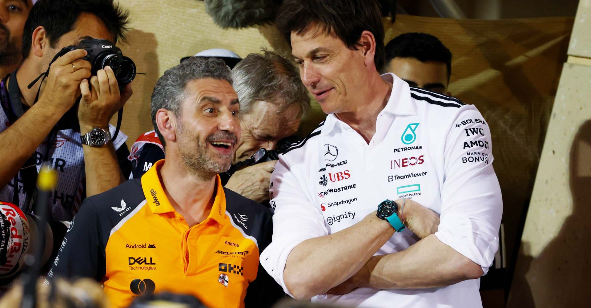 BAHRAIN, BAHRAIN - APRIL 13: Andrea Stella, Team Principal of McLaren and Toto Wolff, Executive Director of Mercedes AMG Petronas F1 Team talk in parc ferme during the F1 Grand Prix of Bahrain at Bahrain International Circuit on April 13, 2025 in Bahrain, Bahrain. (Photo by Sam Bloxham/LAT Images)