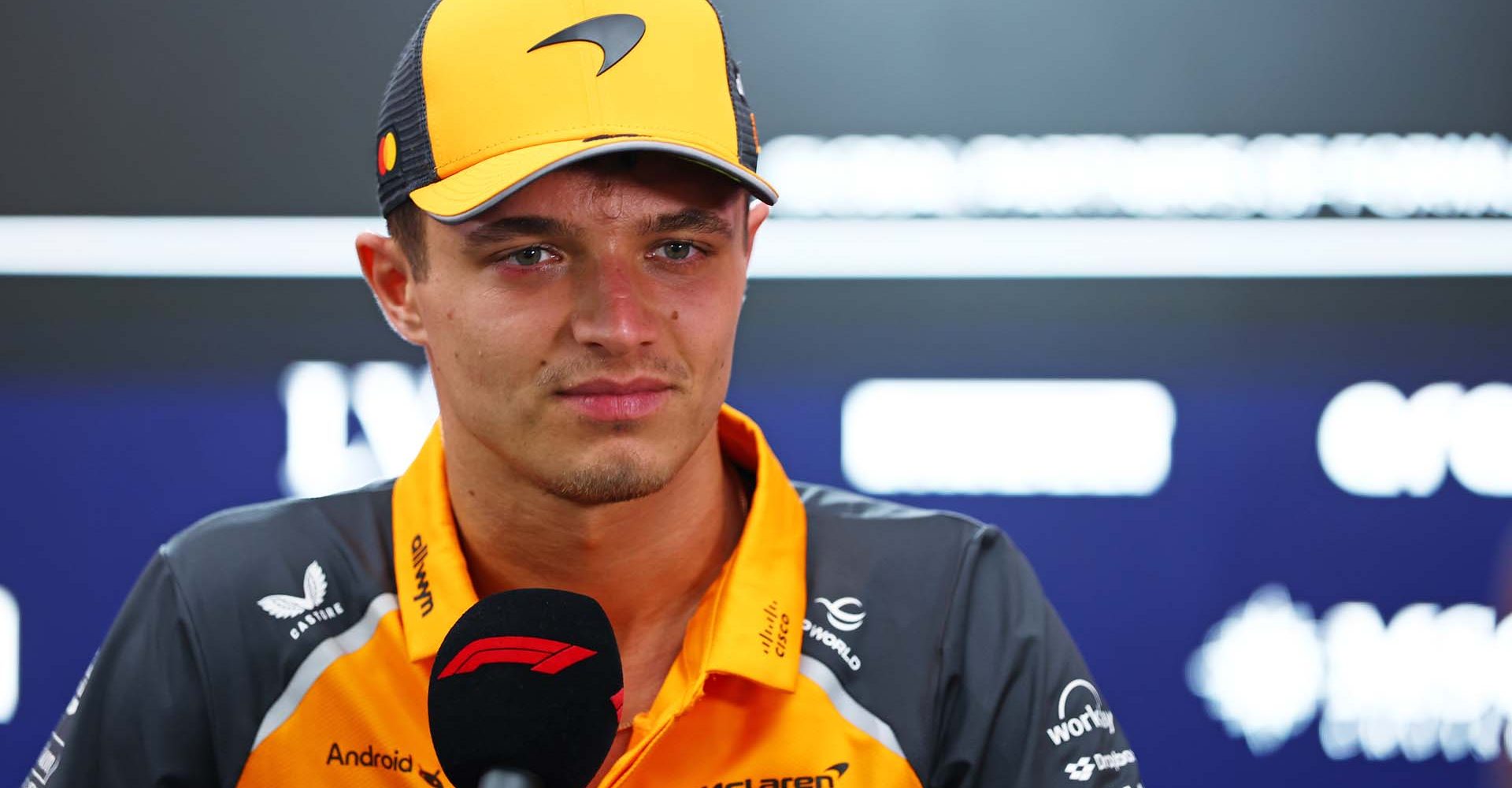 BAHRAIN, BAHRAIN - APRIL 10: Lando Norris of Great Britain and McLaren talks to the media during previews ahead of the F1 Grand Prix of Bahrain at Bahrain International Circuit on April 10, 2025 in Bahrain, Bahrain. (Photo by Peter Fox/LAT Images)