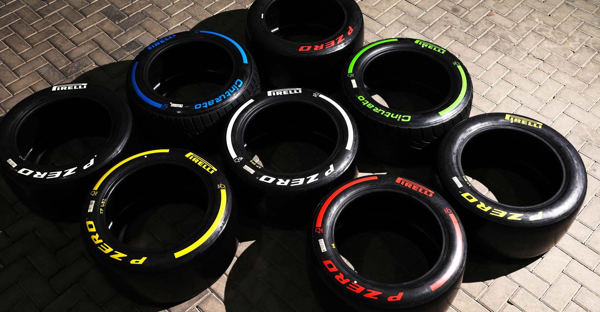 BAHRAIN, BAHRAIN - FEBRUARY 27: Soft, Medium, Hard, Intermediate and Wet compound Pirelli tyres on display during day two of F1 Testing at Bahrain International Circuit on February 27, 2025 in Bahrain, Bahrain. (Photo by Steven Tee/LAT Images)