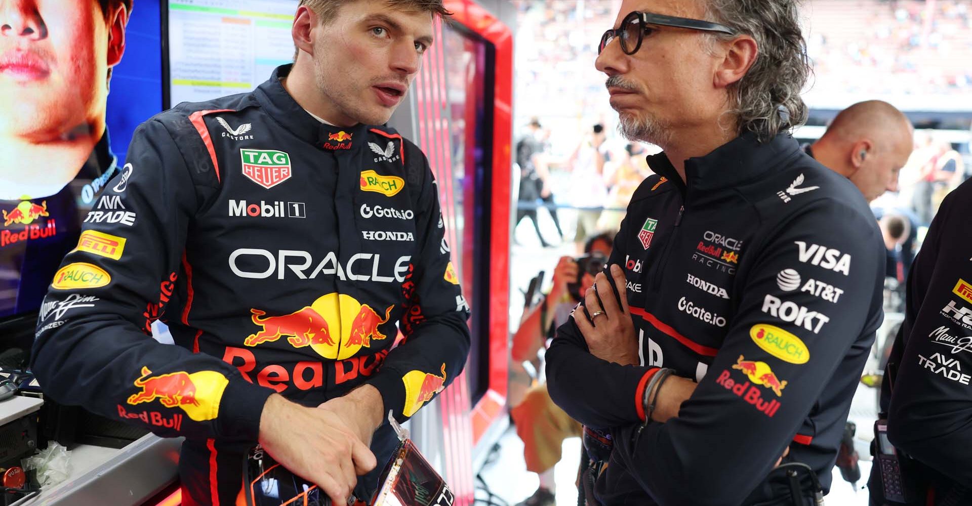SPA, BELGIUM - JULY 25: Max Verstappen of the Netherlands and Oracle Red Bull Racing and Laurent Mekies, Team Principal of Oracle Red Bull Racing talk in the garage during practice ahead of the F1 Grand Prix of Belgium at Circuit de Spa-Francorchamps on July 25, 2025 in Spa, Belgium. (Photo by Mark Thompson/Getty Images) // Getty Images / Red Bull Content Pool // SI202507250860 // Usage for editorial use only //