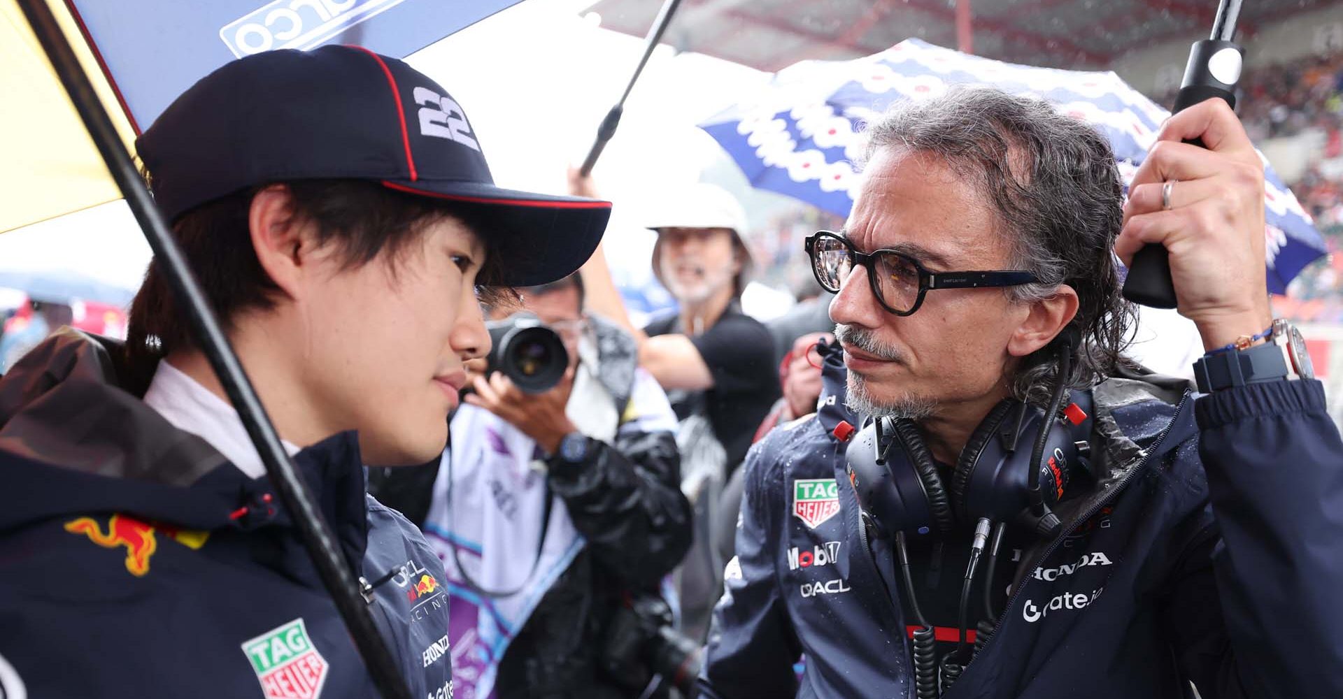 SPA, BELGIUM - JULY 27: Yuki Tsunoda of Japan and Oracle Red Bull Racing talks with Laurent Mekies, Team Principal of Oracle Red Bull Racing on the grid prior to the F1 Grand Prix of Belgium at Circuit de Spa-Francorchamps on July 27, 2025 in Spa, Belgium. (Photo by Mark Thompson/Getty Images) // Getty Images / Red Bull Content Pool // SI202507271094 // Usage for editorial use only //