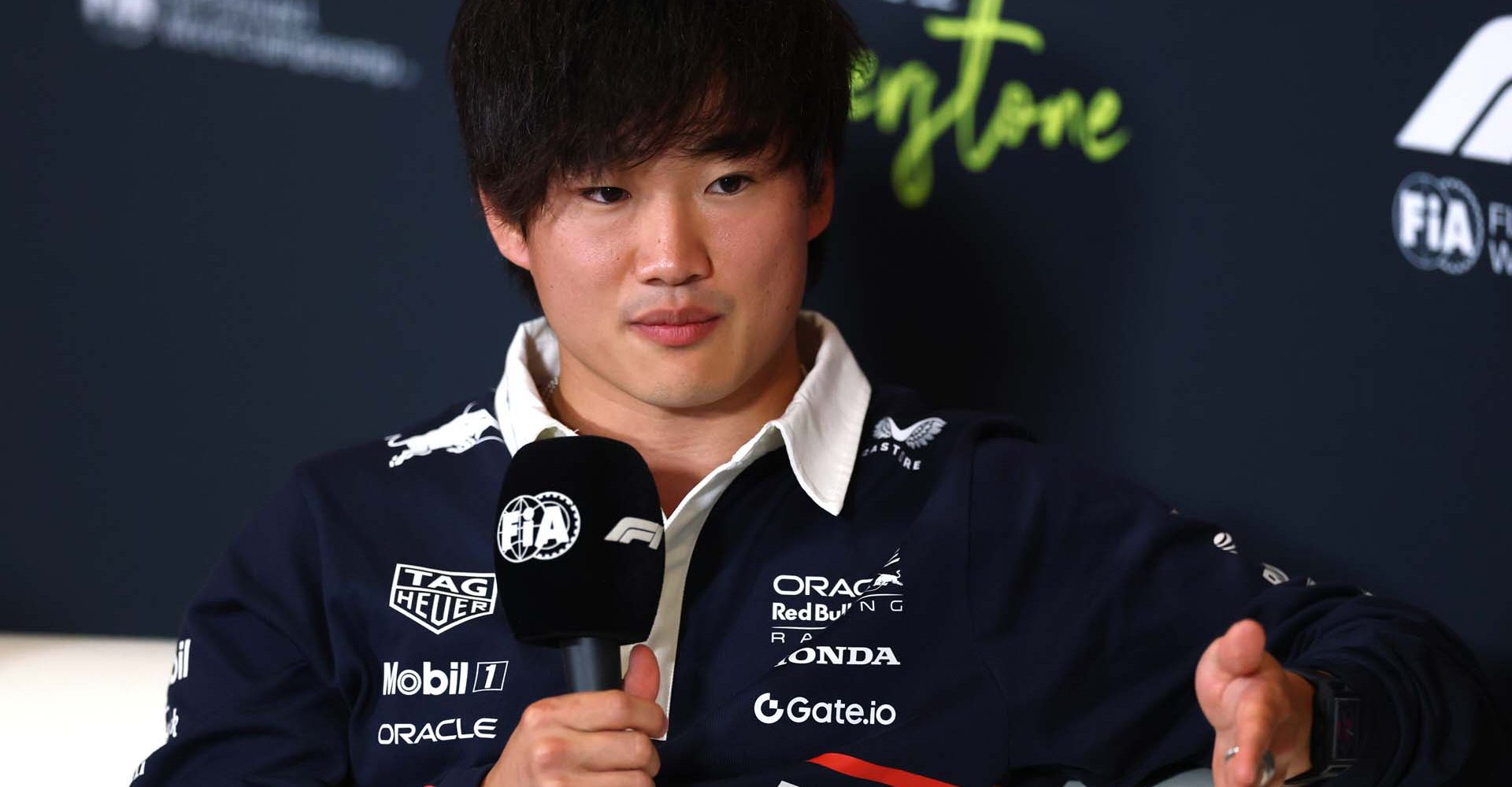 NORTHAMPTON, ENGLAND - JULY 03: Yuki Tsunoda of Japan and Oracle Red Bull Racing in the Drivers Press Conference during previews ahead of the F1 Grand Prix of Great Britain at Silverstone Circuit on July 03, 2025 in Northampton, England. (Photo by Clive Rose/Getty Images) // Getty Images / Red Bull Content Pool // SI202507030333 // Usage for editorial use only //