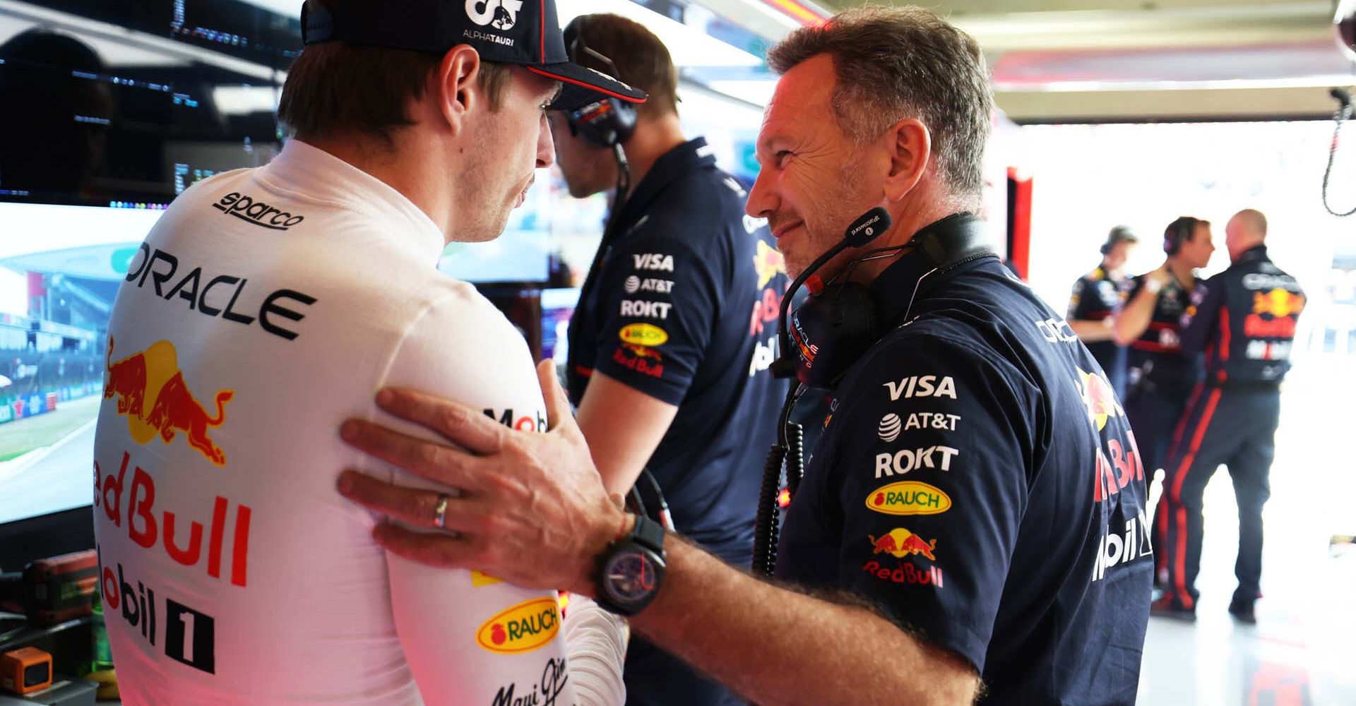 SHANGHAI, CHINA - MARCH 23: Max Verstappen of the Netherlands and Oracle Red Bull Racing and Christian Horner, Team Principal of Oracle Red Bull Racing in the garage prior to the F1 Grand Prix of China at Shanghai International Circuit on March 23, 2025 in Shanghai, China. (Photo by Mark Thompson/Getty Images) // Getty Images / Red Bull Content Pool // SI202503230023 // Usage for editorial use only //