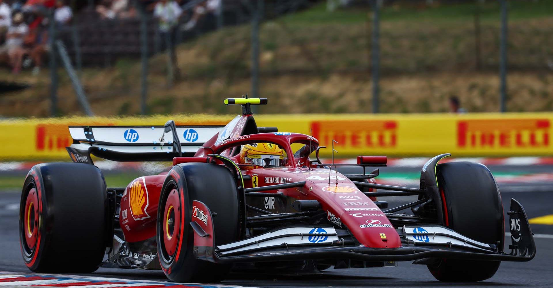 BUDAPEST, HUNGARY - AUGUST 01: Lewis Hamilton of Great Britain driving the (44) Scuderia Ferrari SF-25 on track during practice ahead of the F1 Grand Prix of Hungary at Hungaroring on August 01, 2025 in Budapest, Hungary. (Photo by Joe Portlock/Getty Images)