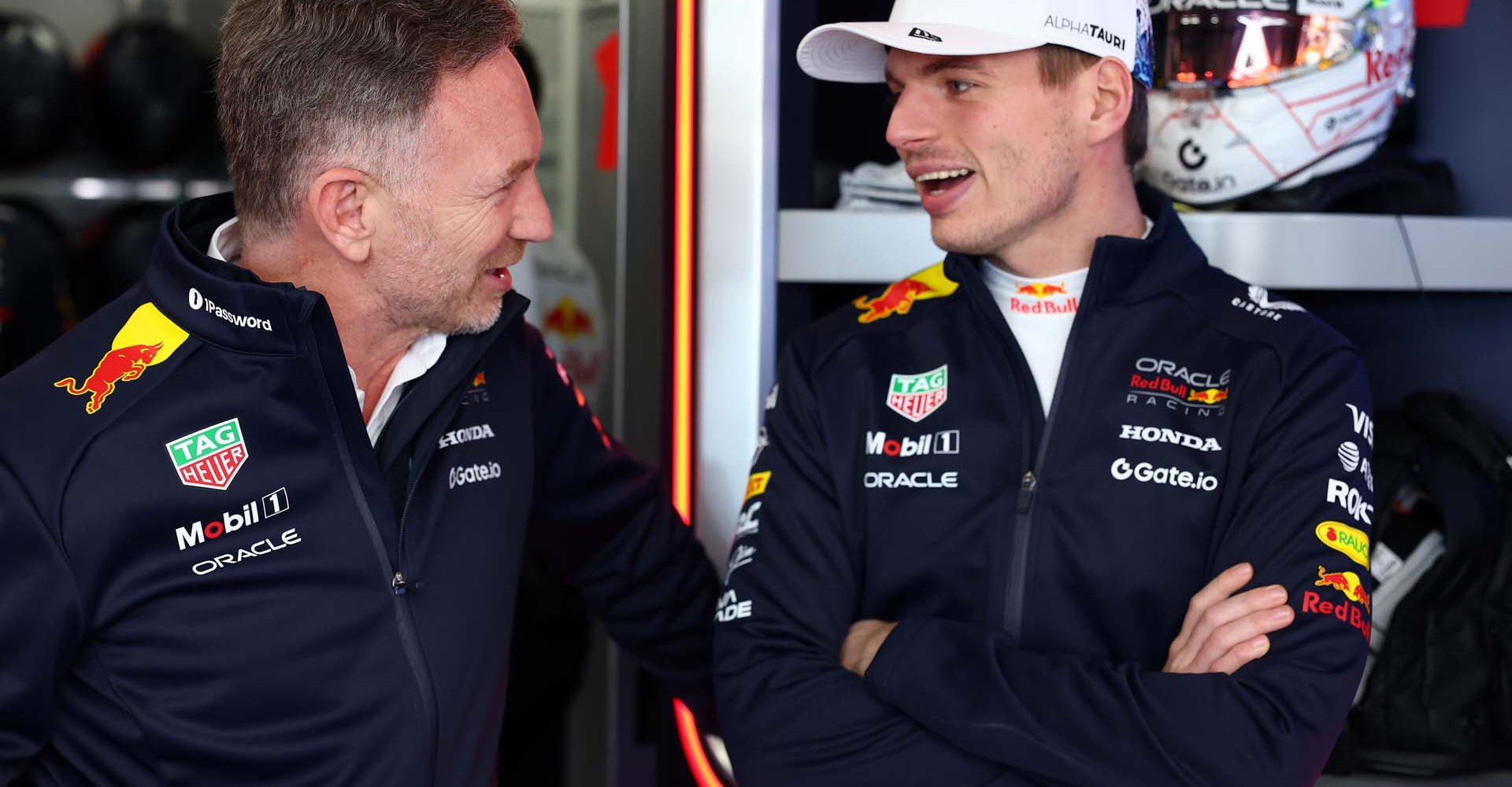 SUZUKA, JAPAN - APRIL 04: Christian Horner, Team Principal of Oracle Red Bull Racing and Max Verstappen of the Netherlands and Oracle Red Bull Racing talk in the garage prior to practice ahead of the F1 Grand Prix of Japan at Suzuka Circuit on April 04, 2025 in Suzuka, Japan. (Photo by Mark Thompson/Getty Images) // Getty Images / Red Bull Content Pool // SI202504040050 // Usage for editorial use only //