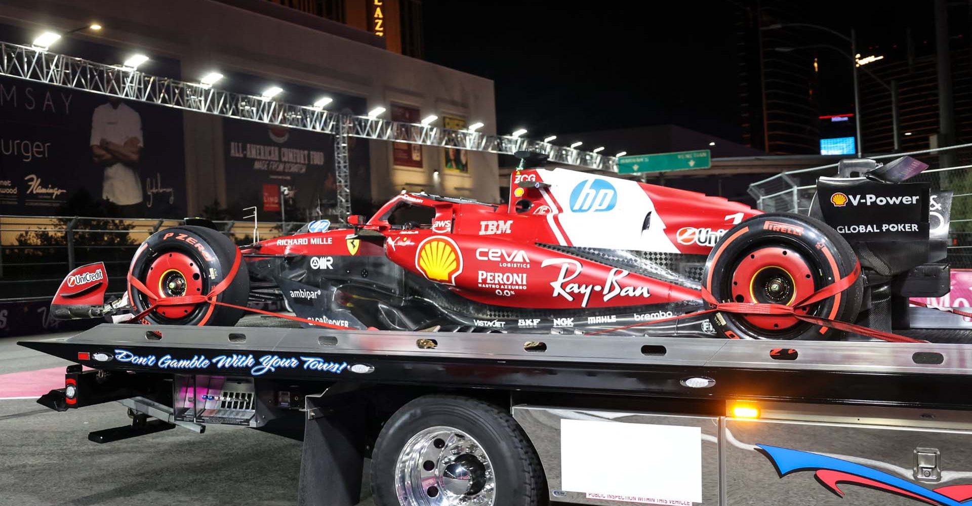 Ferrari SF25 of Charles Leclerc is on a trailer in Las Vegas, FP2