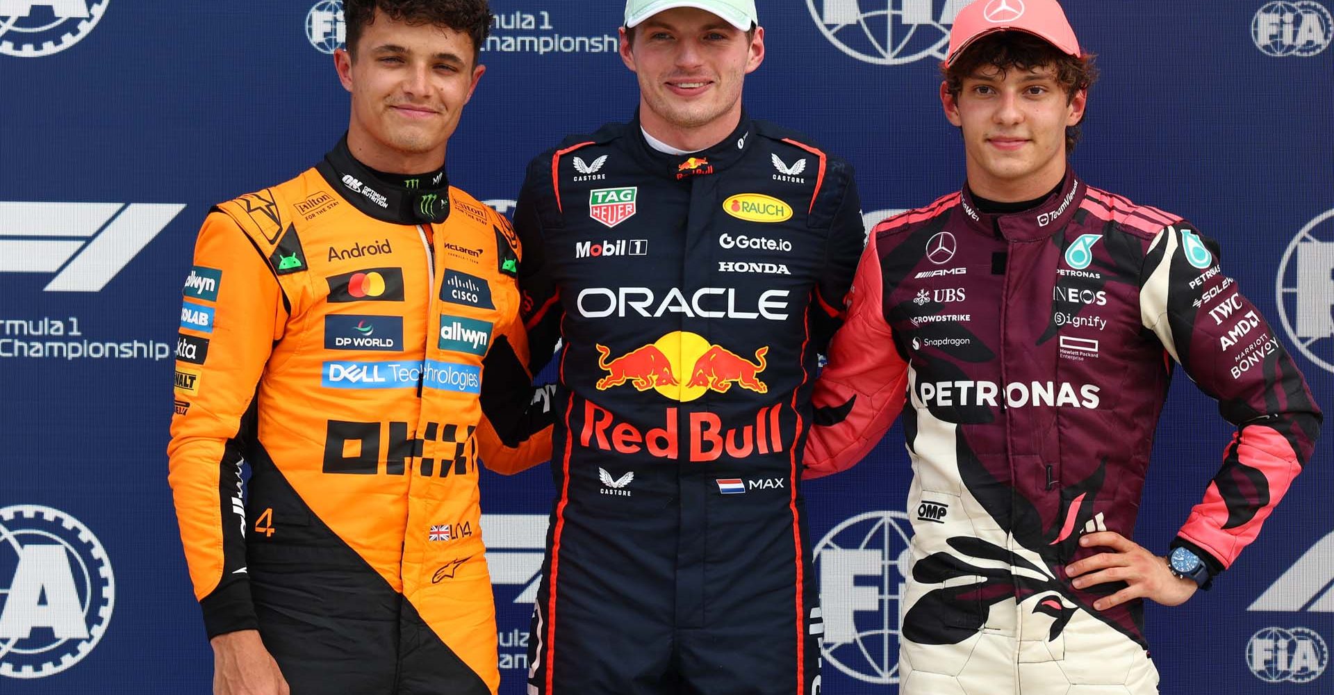 MIAMI, FLORIDA - MAY 03: Pole position qualifier Max Verstappen of the Netherlands and Oracle Red Bull Racing Second placed qualifier Lando Norris of Great Britain and McLaren and Third placed qualifier Andrea Kimi Antonelli of Italy and Mercedes AMG Petronas F1 Team during qualifying ahead of the F1 Grand Prix of Miami at Miami International Autodrome on May 03, 2025 in Miami, Florida. (Photo by Zak Mauger/LAT Images)