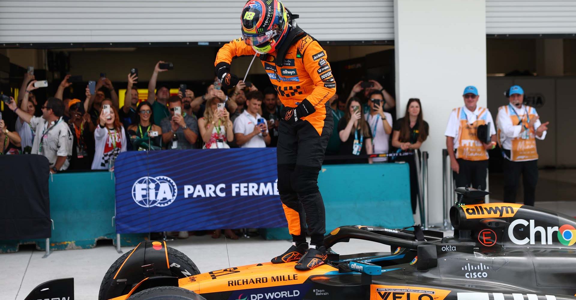 MIAMI, FLORIDA - MAY 04: Race winner Oscar Piastri of Australia and McLaren celebrates on arrival in parc ferme during the F1 Grand Prix of Miami at Miami International Autodrome on May 04, 2025 in Miami, Florida. (Photo by Zak Mauger/LAT Images)
