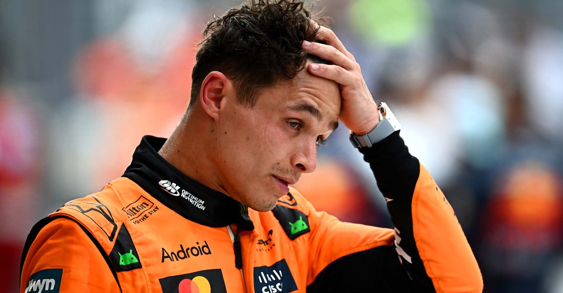 MIAMI, FLORIDA - MAY 04: Second placed Lando Norris of Great Britain and McLaren looks on in parc ferme during the F1 Grand Prix of Miami at Miami International Autodrome on May 04, 2025 in Miami, Florida. (Photo by James Sutton/LAT Images)