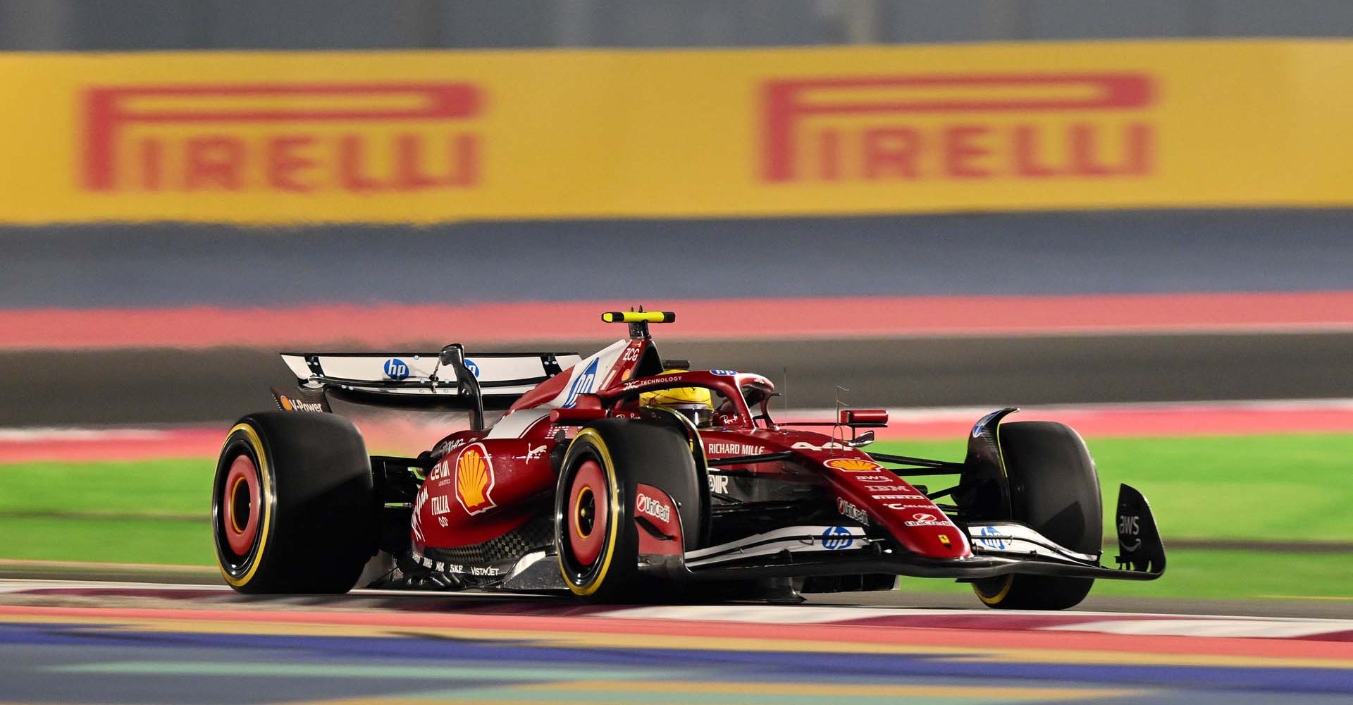 LUSAIL CITY, QATAR - NOVEMBER 28: Lewis Hamilton of Great Britain driving the (44) Scuderia Ferrari SF-25 on track during Sprint Qualifying ahead of the F1 Grand Prix of Qatar at Lusail International Circuit on November 28, 2025 in Lusail City, Qatar. (Photo by Clive Mason/Getty Images)