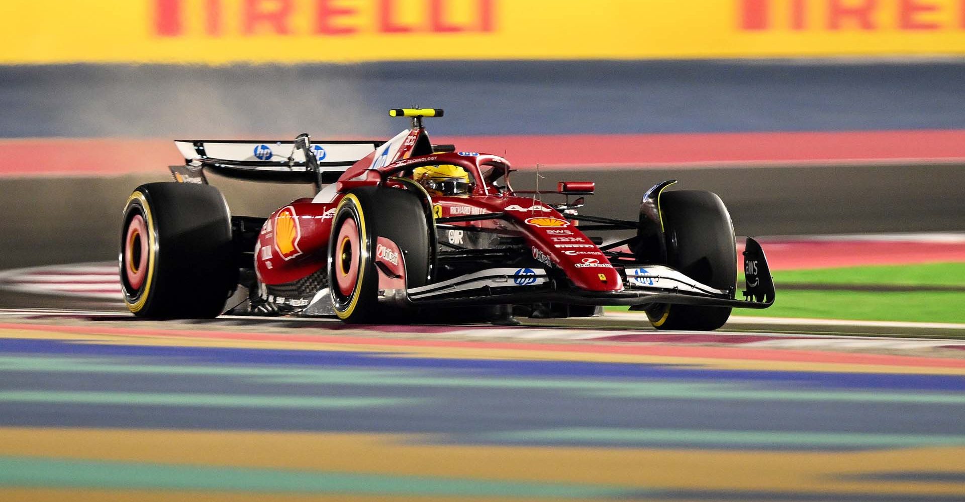 LUSAIL CITY, QATAR - NOVEMBER 28: Lewis Hamilton of Great Britain driving the (44) Scuderia Ferrari SF-25 on track during Sprint Qualifying ahead of the F1 Grand Prix of Qatar at Lusail International Circuit on November 28, 2025 in Lusail City, Qatar. (Photo by Clive Mason/Getty Images)