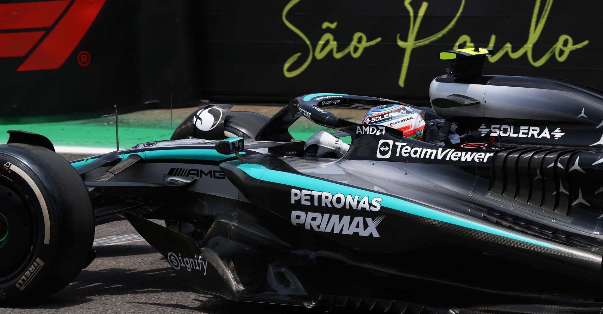 SAO PAULO, BRAZIL - NOVEMBER 07: Andrea Kimi Antonelli of Italy driving the (12) Mercedes AMG Petronas F1 Team W16 in the Pitlane during practice ahead of the F1 Grand Prix of Brazil at Autodromo Jose Carlos Pace on November 07, 2025 in Sao Paulo, Brazil. (Photo by Steven Tee/LAT Images)