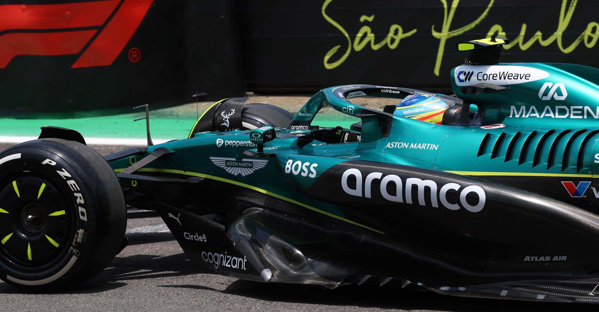 SAO PAULO, BRAZIL - NOVEMBER 07: Fernando Alonso of Spain driving the (14) Aston Martin F1 Team AMR25 Mercedes in the Pitlane during practice ahead of the F1 Grand Prix of Brazil at Autodromo Jose Carlos Pace on November 07, 2025 in Sao Paulo, Brazil. (Photo by Steven Tee/LAT Images)