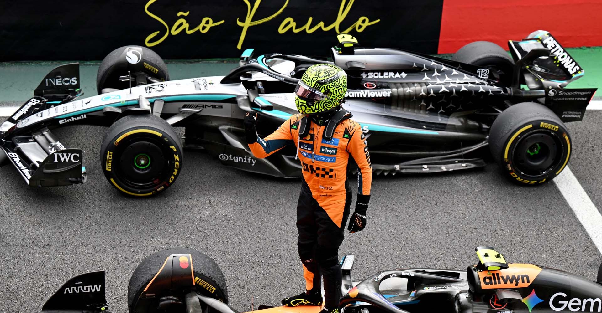 SAO PAULO, BRAZIL - NOVEMBER 09: Race winner Lando Norris of Great Britain and McLaren celebrates on arrival in parc ferme during the F1 Grand Prix of Brazil at Autodromo Jose Carlos Pace on November 09, 2025 in Sao Paulo, Brazil. (Photo by Sam Bagnall/Sutton Images)