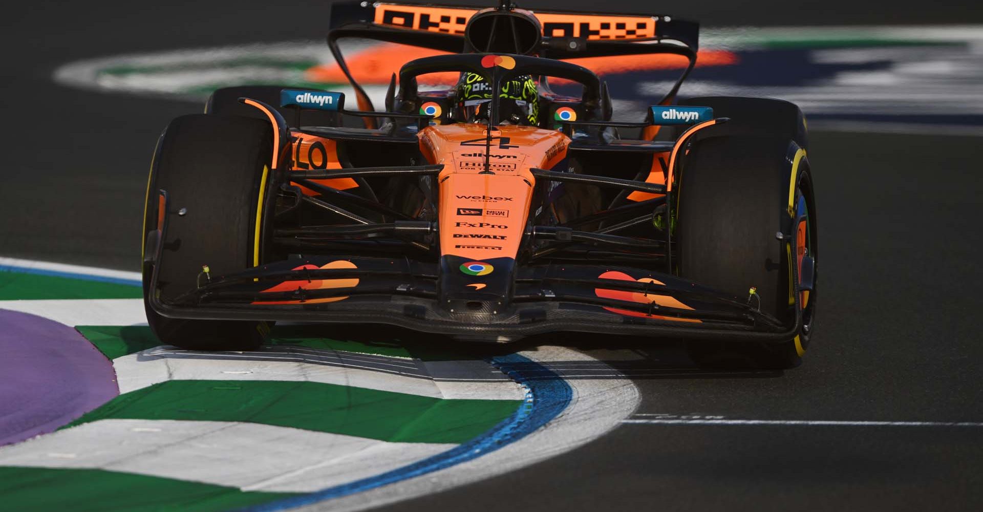 JEDDAH, SAUDI ARABIA - APRIL 18: Lando Norris of Great Britain driving the (4) McLaren MCL39 Mercedes on track during practice ahead of the F1 Grand Prix of Saudi Arabia at Jeddah Corniche Circuit on April 18, 2025 in Jeddah, Saudi Arabia. (Photo by Rudy Carezzevoli/Getty Images)