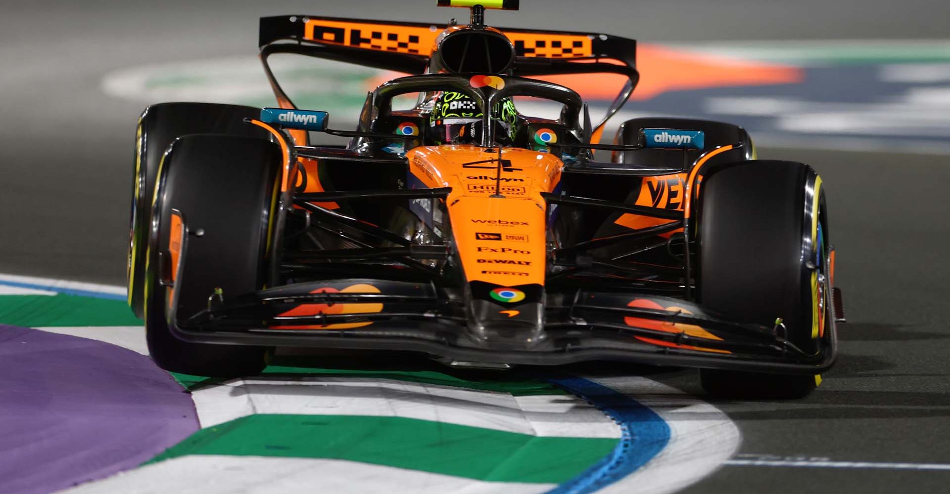 JEDDAH, SAUDI ARABIA - APRIL 18: Lando Norris of Great Britain driving the (4) McLaren MCL39 Mercedes on track during practice ahead of the F1 Grand Prix of Saudi Arabia at Jeddah Corniche Circuit on April 18, 2025 in Jeddah, Saudi Arabia. (Photo by Sam Bloxham/LAT Images)