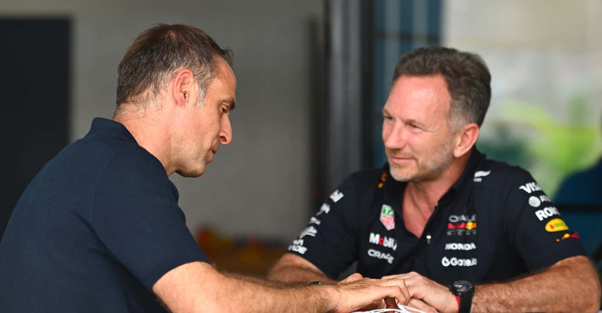JEDDAH, SAUDI ARABIA - APRIL 18: Christian Horner, Team Principal of Oracle Red Bull Racing talks with Oliver Mintzlaff, Managing director of Red Bull GmbH during practice ahead of the F1 Grand Prix of Saudi Arabia at Jeddah Corniche Circuit on April 18, 2025 in Jeddah, Saudi Arabia. (Photo by Rudy Carezzevoli/Getty Images) // Getty Images / Red Bull Content Pool // SI202504180878 // Usage for editorial use only //