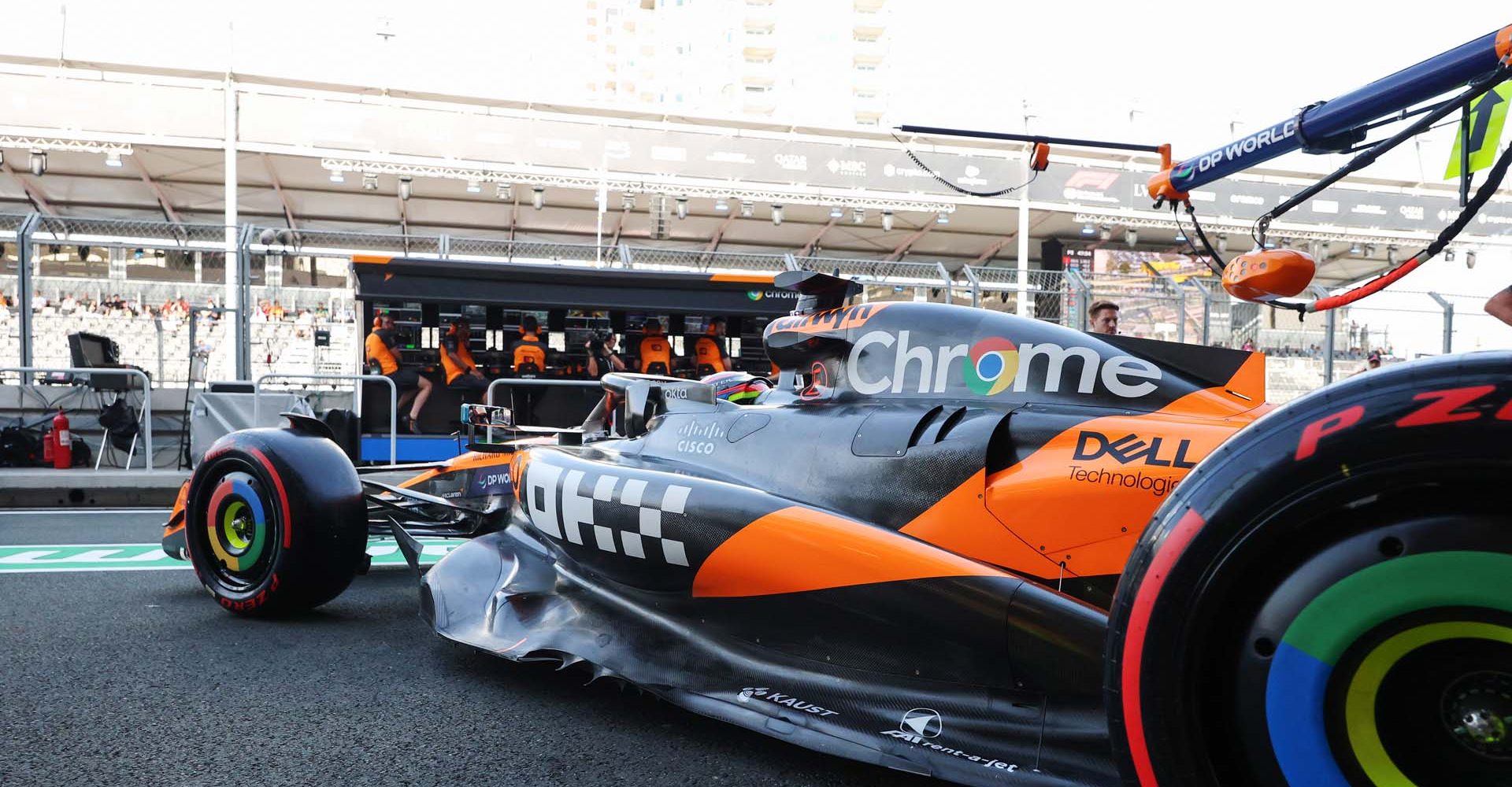 JEDDAH, SAUDI ARABIA - APRIL 19: Oscar Piastri of Australia driving the (81) McLaren MCL39 Mercedes leaves the garage during final practice ahead of the F1 Grand Prix of Saudi Arabia at Jeddah Corniche Circuit on April 19, 2025 in Jeddah, Saudi Arabia. (Photo by Steven Tee/LAT Images)