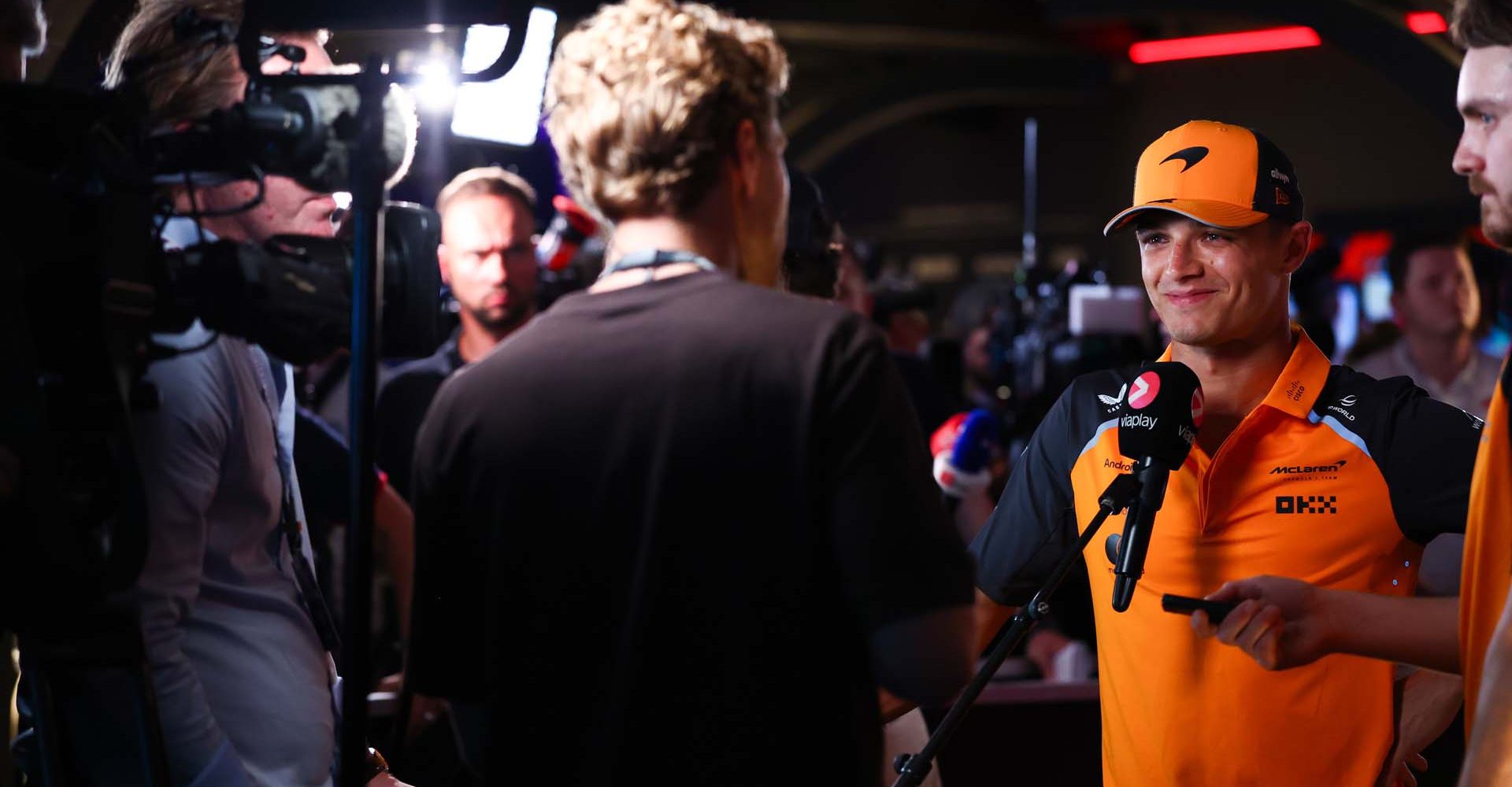 JEDDAH, SAUDI ARABIA - APRIL 19: Tenth placed qualifier Lando Norris of Great Britain and McLaren is interviewed during qualifying ahead of the F1 Grand Prix of Saudi Arabia at Jeddah Corniche Circuit on April 19, 2025 in Jeddah, Saudi Arabia. (Photo by Peter Fox/LAT Images)