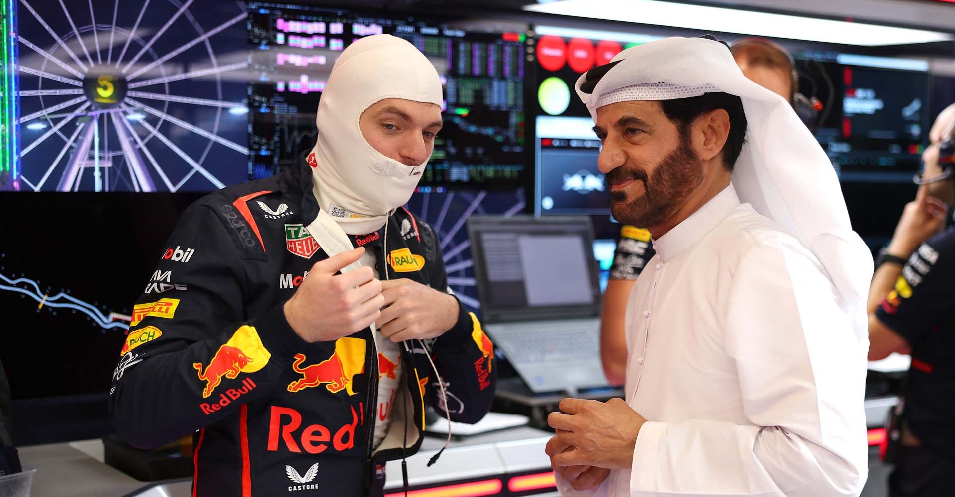 JEDDAH, SAUDI ARABIA - APRIL 20: Max Verstappen of the Netherlands and Oracle Red Bull Racing in the garage with Mohammed ben Sulayem, FIA President prior to the F1 Grand Prix of Saudi Arabia at Jeddah Corniche Circuit on April 20, 2025 in Jeddah, Saudi Arabia. (Photo by Alex Pantling/Getty Images) // Getty Images / Red Bull Content Pool // SI202504200183 // Usage for editorial use only //