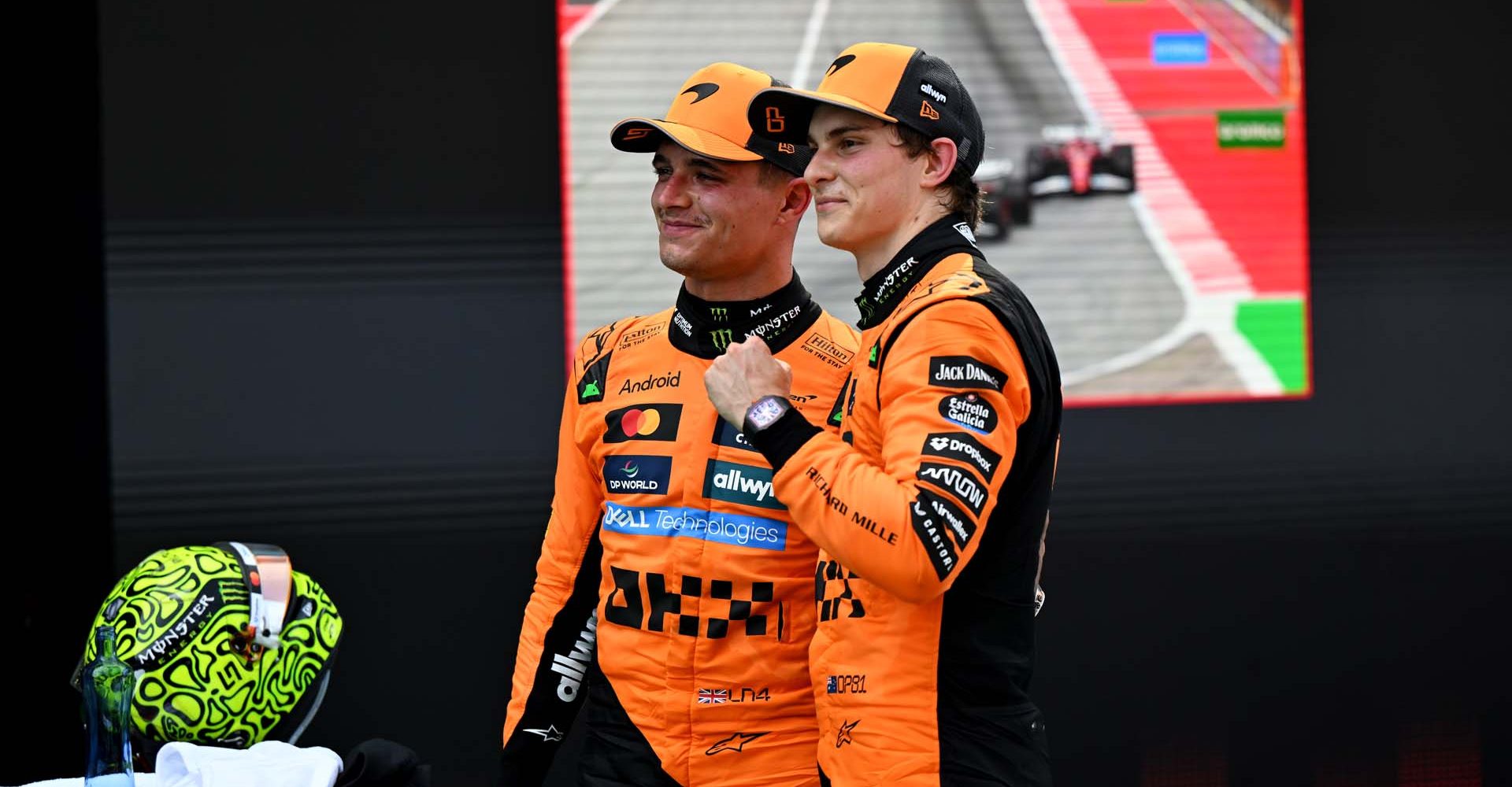 BARCELONA, SPAIN - JUNE 01: Race winner Oscar Piastri of Australia and McLaren and Second placed Lando Norris of Great Britain and McLaren celebrate in parc ferme during the F1 Grand Prix of Spain at Circuit de Barcelona-Catalunya on June 01, 2025 in Barcelona, Spain. (Photo by Sam Bagnall/Sutton Images)