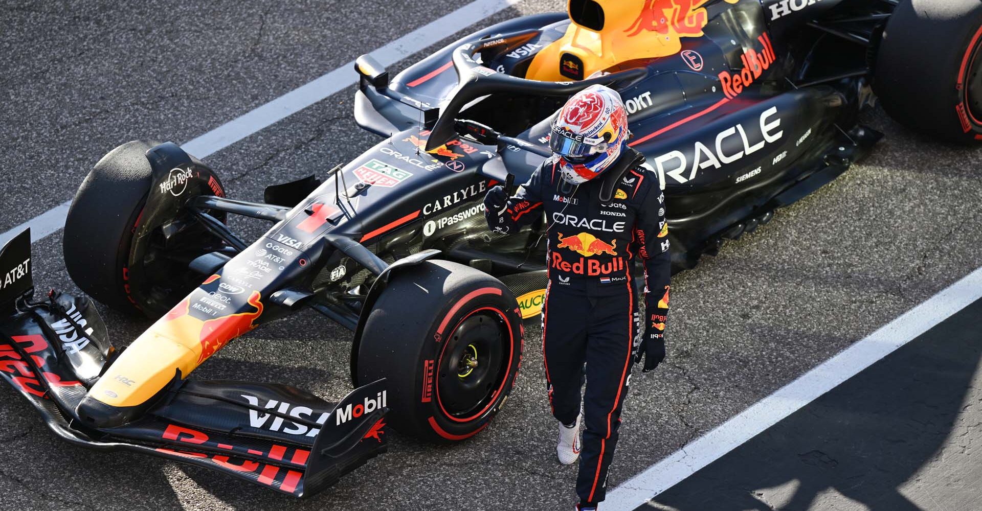 AUSTIN, TEXAS - OCTOBER 17: Sprint Pole qualifier Max Verstappen of the Netherlands and Oracle Red Bull Racing celebrates on arrival in parc ferme during Sprint Qualifying ahead of the F1 Grand Prix of United States at Circuit of The Americas on October 17, 2025 in Austin, Texas. (Photo by Sam Bagnall/Sutton Images) // Getty Images / Red Bull Content Pool // SI202510180033 // Usage for editorial use only //