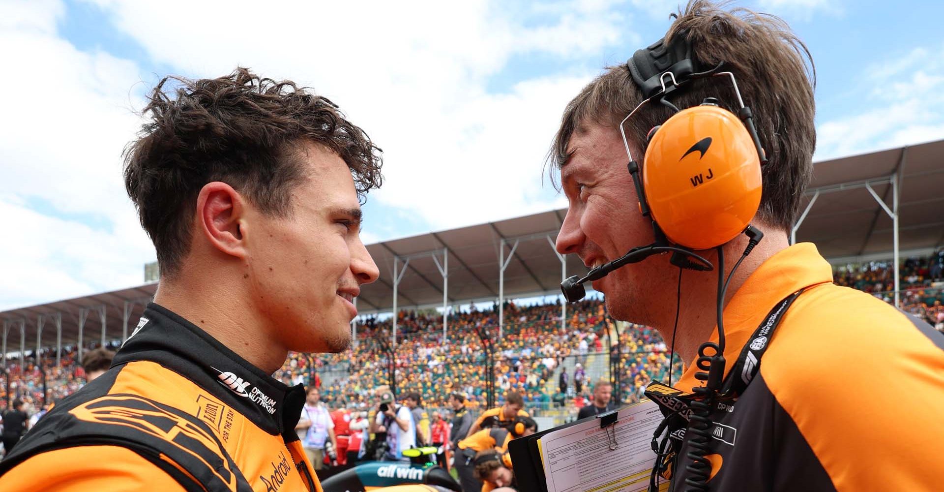 MELBOURNE, AUSTRALIA - MARCH 08: Lando Norris of Great Britain and McLaren and Will Joseph, Director of Race Engineering of McLaren talk on the grid prior to the F1 Grand Prix of Australia at Albert Park Grand Prix Circuit on March 08, 2026 in Melbourne, Australia. (Photo by Steven Tee/LAT Images)