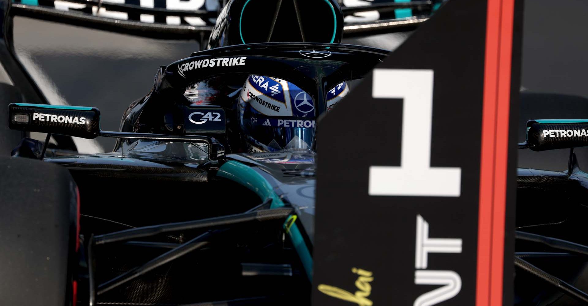 Chinese Grand Prix, Friday, Getty Images SHANGHAI, CHINA - MARCH 13: Pole position qualifier George Russell of Great Britain and Mercedes AMG Petronas F1 Team arrives in parc ferme during Sprint qualifying ahead of the F1 Grand Prix of China at Shanghai International Circuit on March 13, 2026 in Shanghai, China. (Photo by Sam Bloxham/LAT Images)