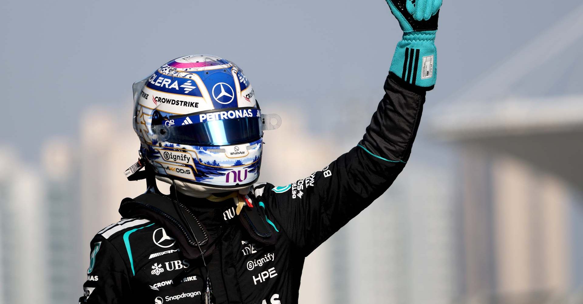 Chinese Grand Prix, Friday, Getty Images SHANGHAI, CHINA - MARCH 13: Pole position qualifier George Russell of Great Britain and Mercedes AMG Petronas F1 Team gives a thumbs up in parc ferme during Sprint qualifying ahead of the F1 Grand Prix of China at Shanghai International Circuit on March 13, 2026 in Shanghai, China. (Photo by Sam Bloxham/LAT Images)