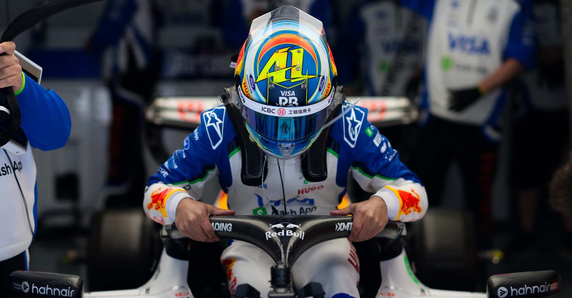 SHANGHAI, CHINA - MARCH 13: Arvid Lindblad of Great Britain and Visa Cash App Racing Bulls prepares to drive in the garage during practice ahead of the F1 Grand Prix of China at Shanghai International Circuit on March 13, 2026 in Shanghai, China. (Photo by Rudy Carezzevoli/Getty Images) // Getty Images / Red Bull Content Pool // SI202603130268 // Usage for editorial use only //
