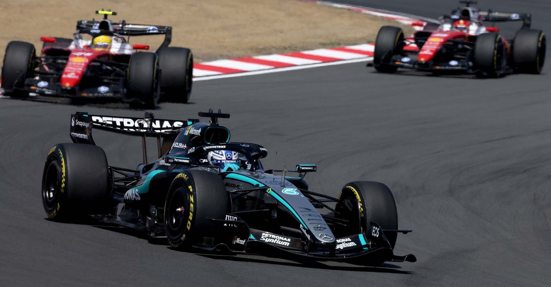 Chinese Grand Prix, Saturday, Getty Images SHANGHAI, CHINA - MARCH 14: George Russell of Great Britain driving the (63) Mercedes AMG Petronas F1 Team W17 leads Lewis Hamilton of Great Britain driving the (44) Scuderia Ferrari SF-26 and Charles Leclerc of Monaco driving the (16) Scuderia Ferrari SF-26 on track during the Sprint ahead of the F1 Grand Prix of China at Shanghai International Circuit on March 14, 2026 in Shanghai, China. (Photo by Dom Gibbons/LAT Images)