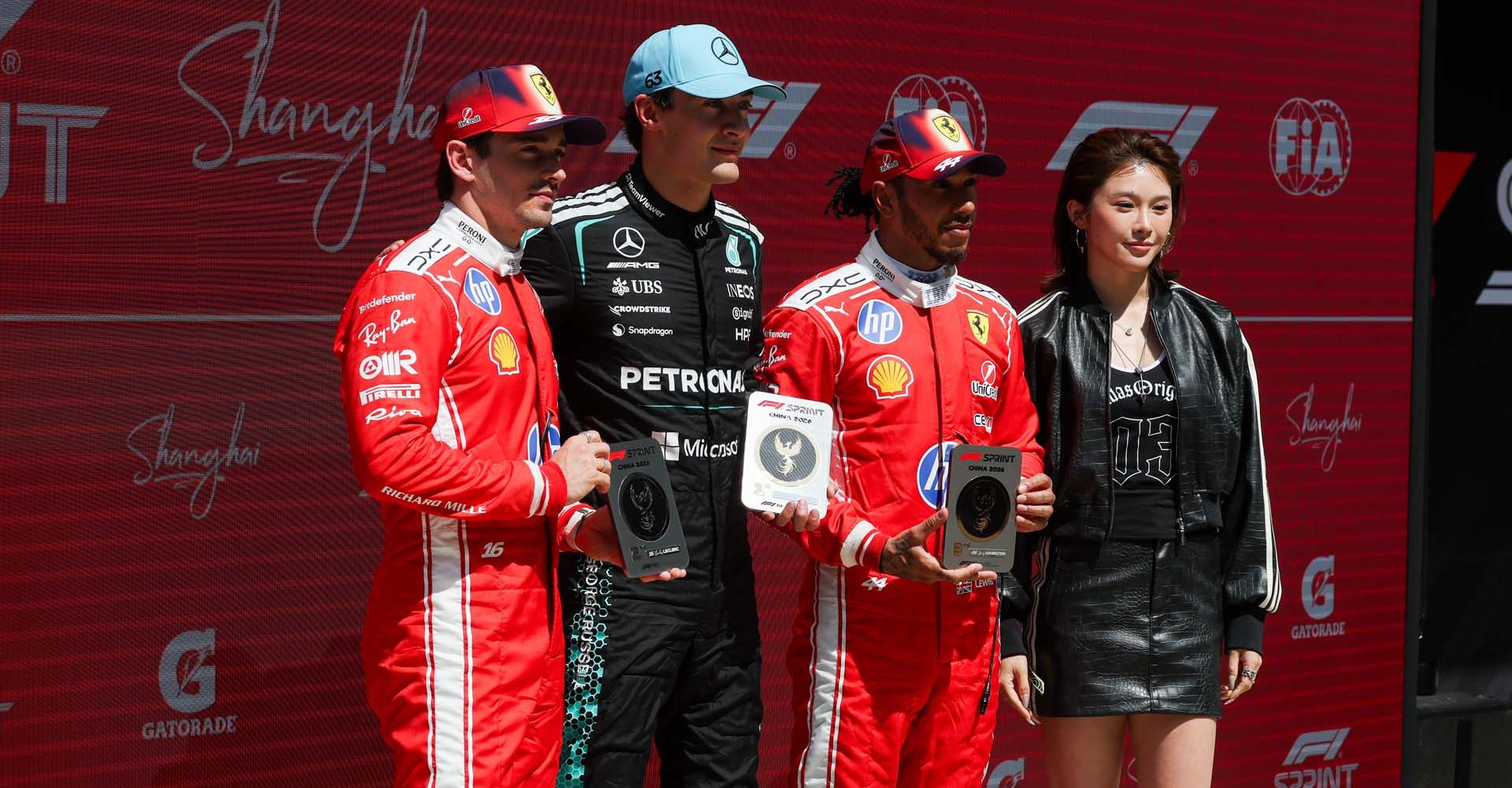 Chinese Grand Prix, Saturday, Jiri Krenek RUSSELL George (gbr), Mercedes AMG F1 Team W17, portrait HAMILTON Lewis (gbr), Scuderia Ferrari SF-26, portrait LECLERC Charles (mco), Scuderia Ferrari SF-26, portrait podium during the Formula 1 Heineken Chinese Grand Prix 2026, 2nd round of the 2026 Formula One World Championship from March 13 to 15, 2026 on the Shanghai International Circuit, in Shanghai, China - Photo Antonin Vincent / DPPI